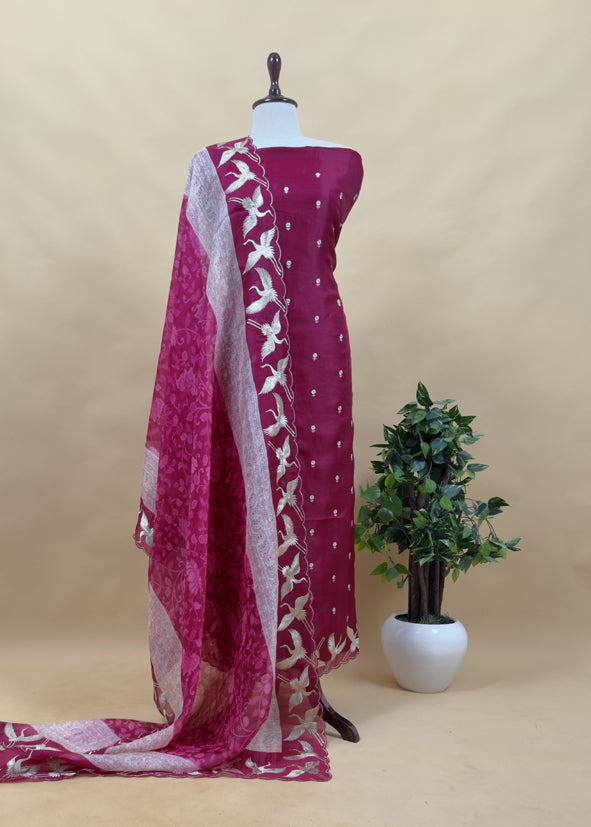 Red Pura Organza Silk Suit With Floral Dupatta