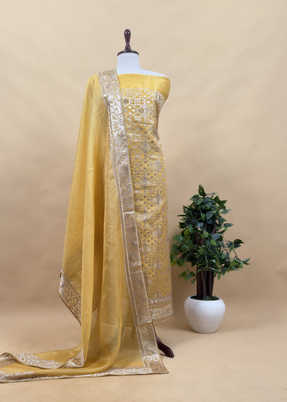 Luxe Ajanta Ellora inspired Dusty Mauve Handloom Organza Silk Suit and Panel gold silver zari Dupatta
