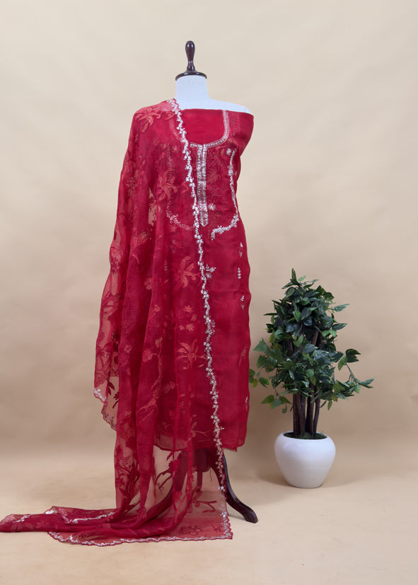 Classic Red Organza Silk Suit Fabric With Parrot Appliqué Work And Pitta Hand Work