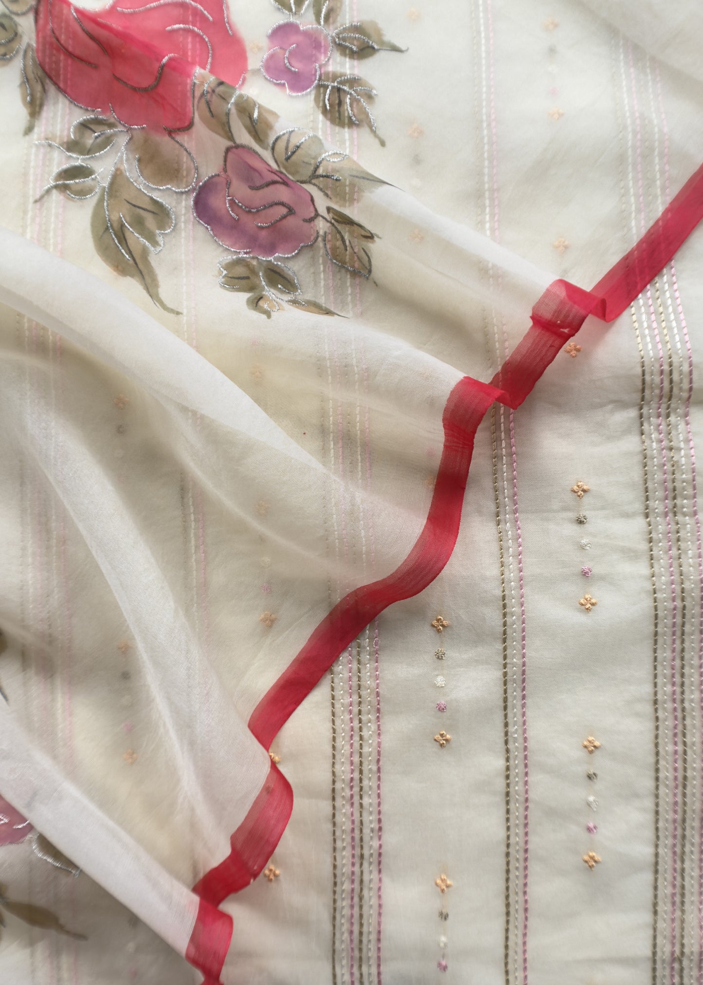 Shell White Pure Organza Embroidered Kurta With Hand painted Dupatta