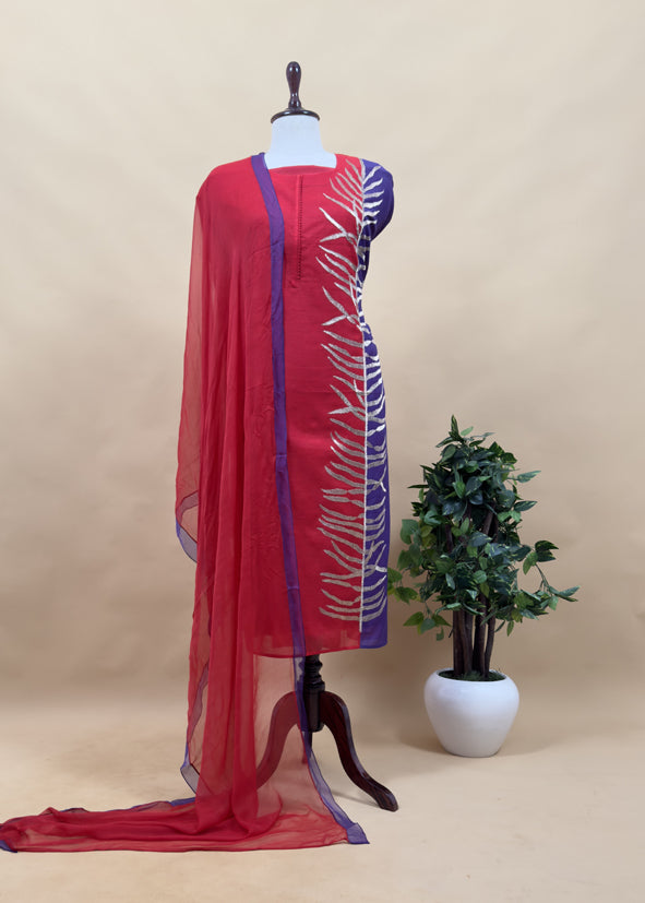 Red And violet Chanderi Kurta With Ombre Chiffon Dupatta with Dori Embroidery
