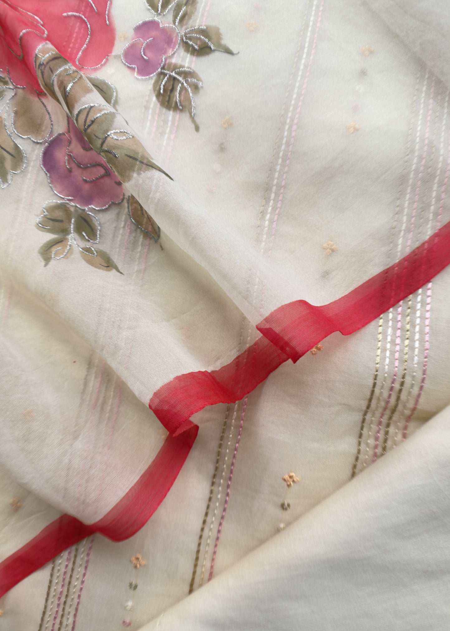 Shell White Pure Organza Embroidered Kurta With Hand painted Dupatta