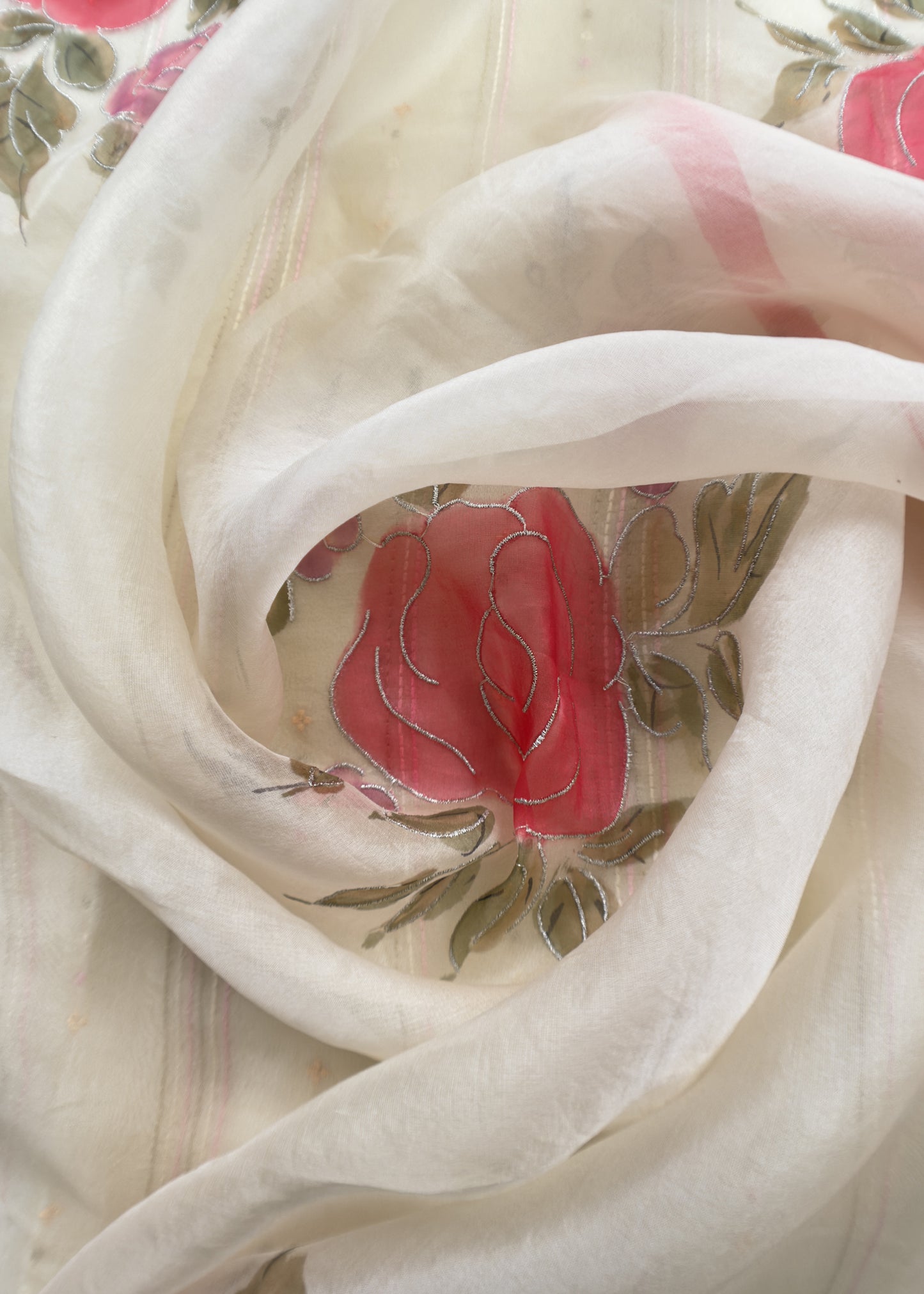 Shell White Pure Organza Embroidered Kurta With Hand painted Dupatta