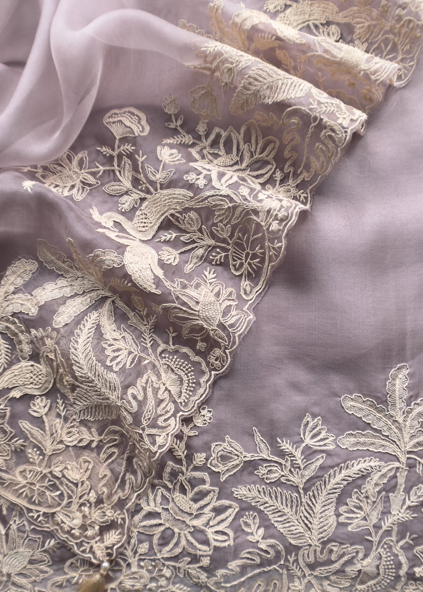Kalasheel Luxe Lavender Handloom Organza Suit With Garden French Embroidery