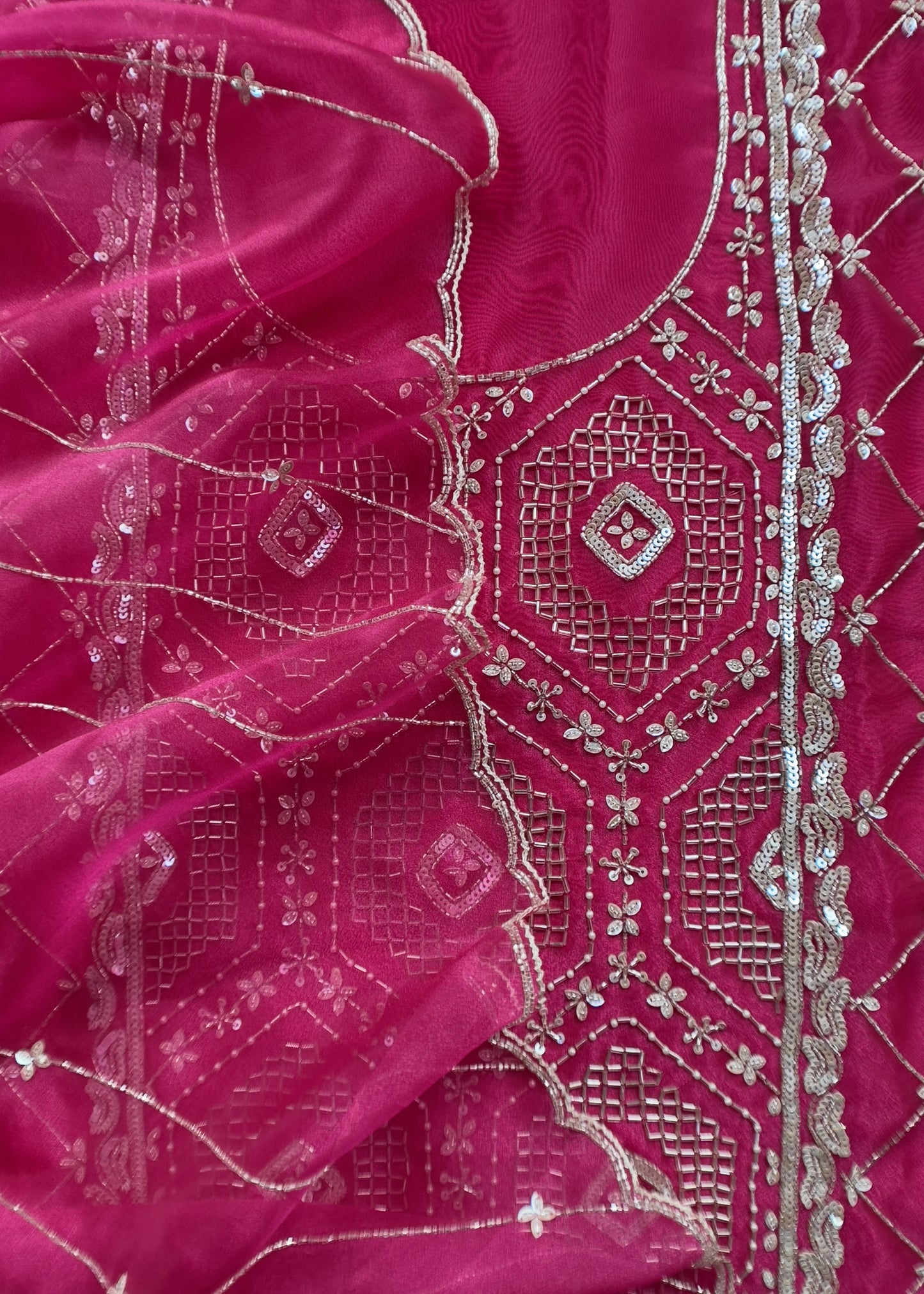 Hot Pink Glass Tissue Three-Piece Wedding Suit Fabric With Hand Work