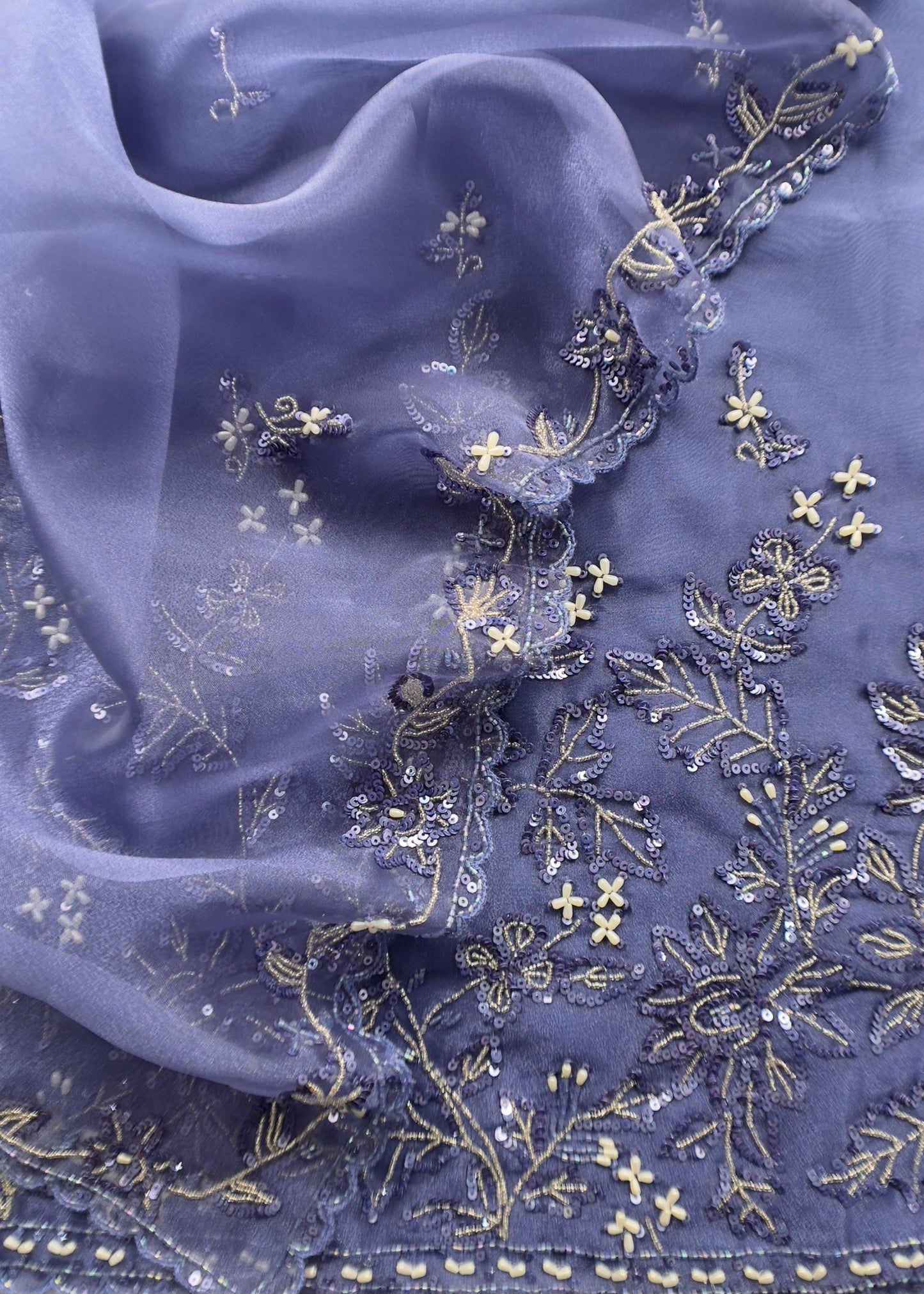 Blue purple Glass Tissue Three-piece Wedding Suit fabric with Hand work