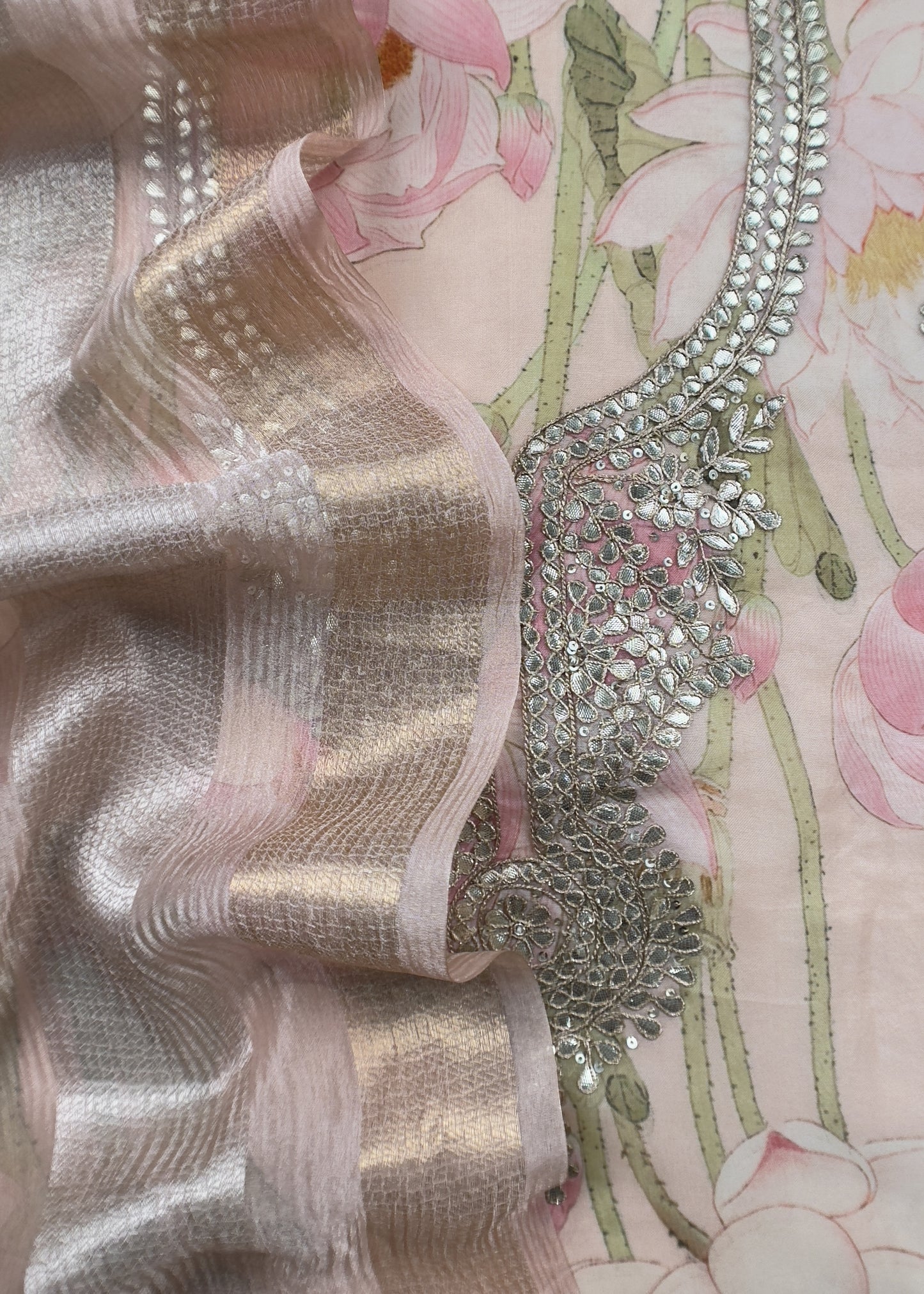 Blush Pink Luxe Handloom Organza Suit With Pichwai Print And Gotta-Patti handwork.