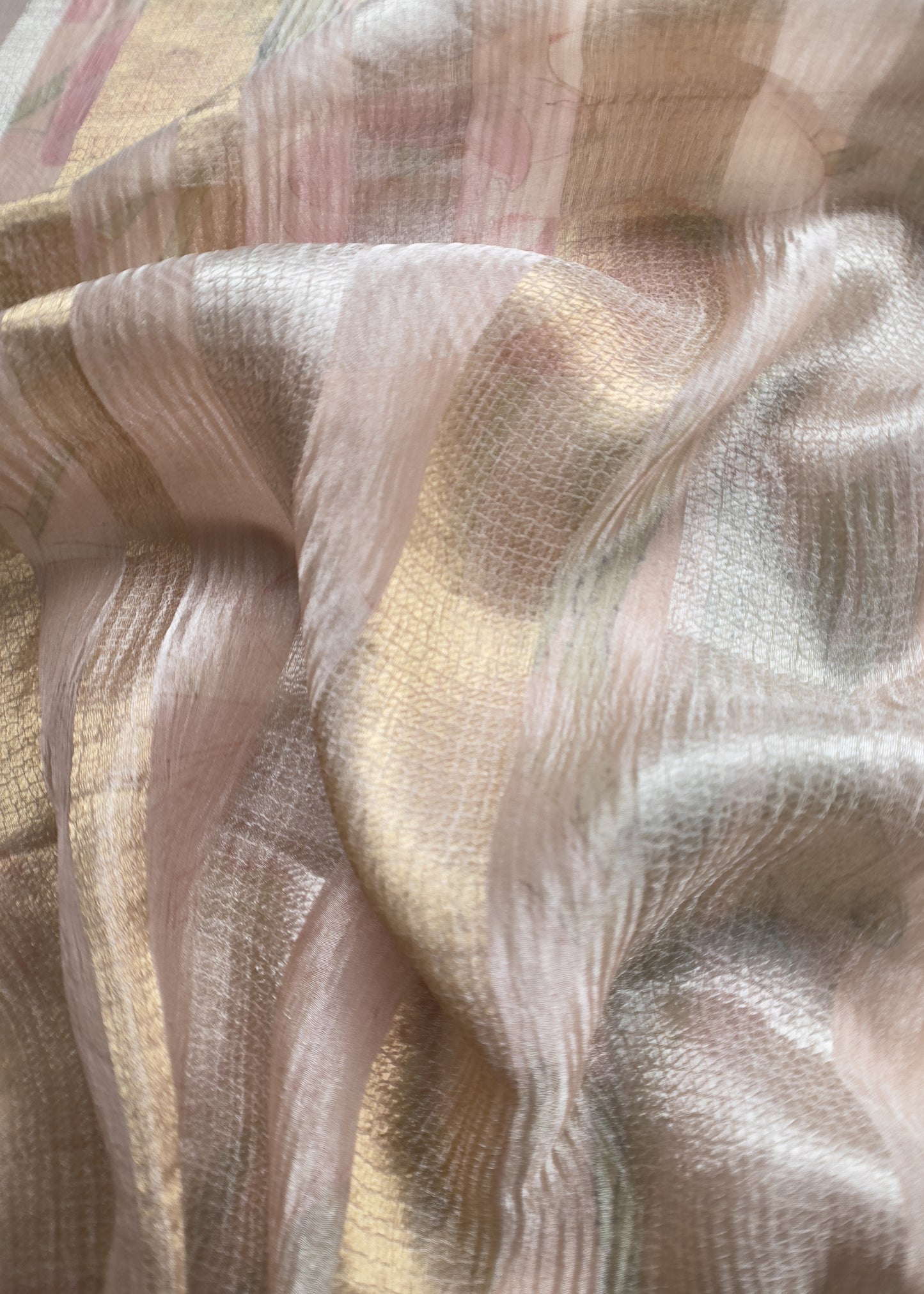 Blush Pink Luxe Handloom Organza Suit With Pichwai Print And Gotta-Patti handwork.