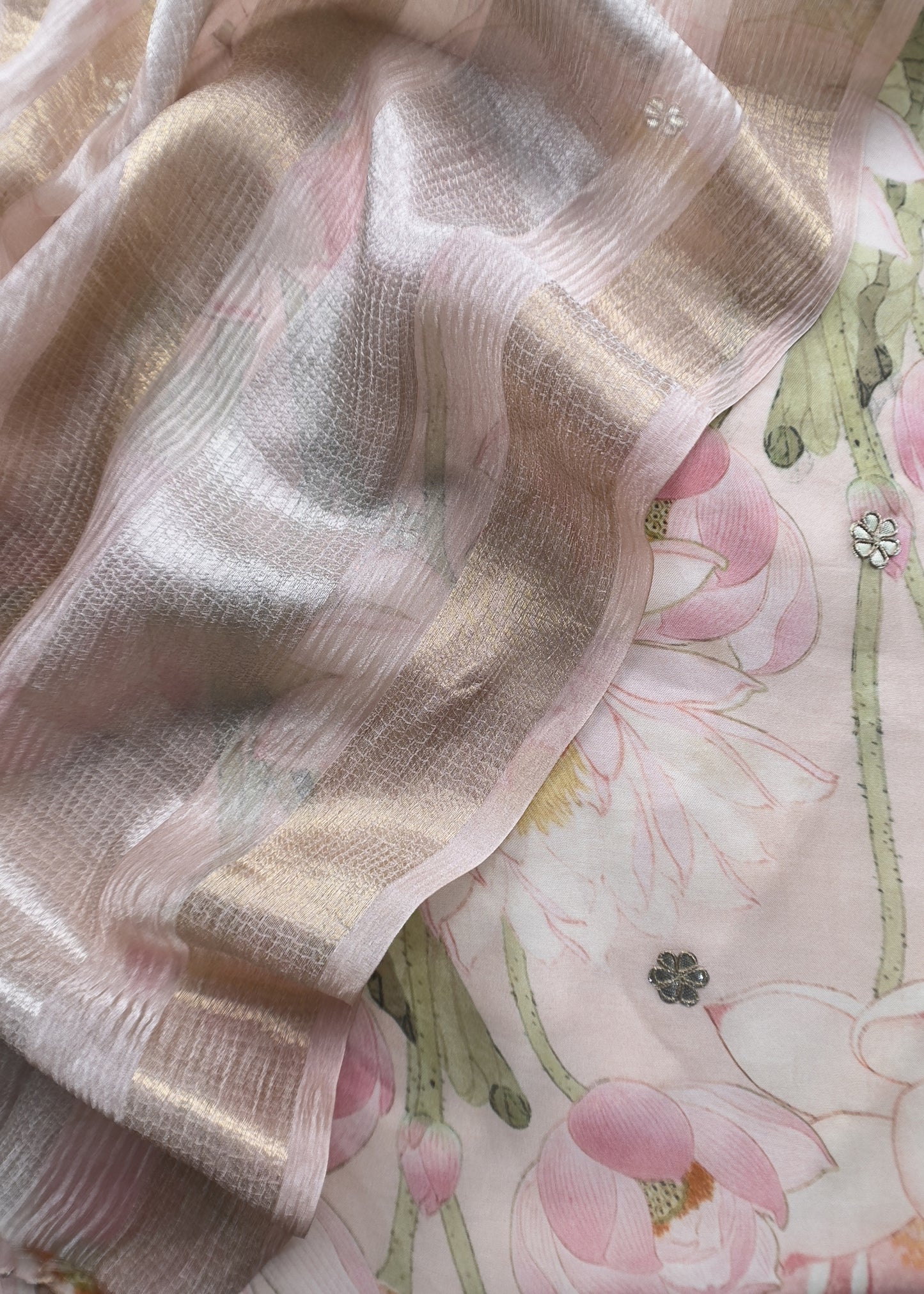 Blush Pink Luxe Handloom Organza Suit With Pichwai Print And Gotta-Patti handwork.