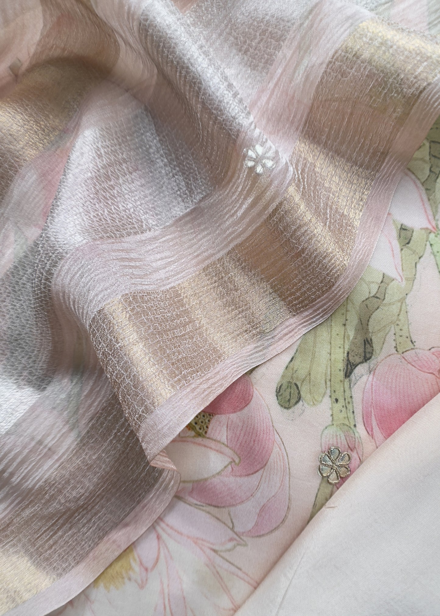 Blush Pink Luxe Handloom Organza Suit With Pichwai Print And Gotta-Patti handwork.