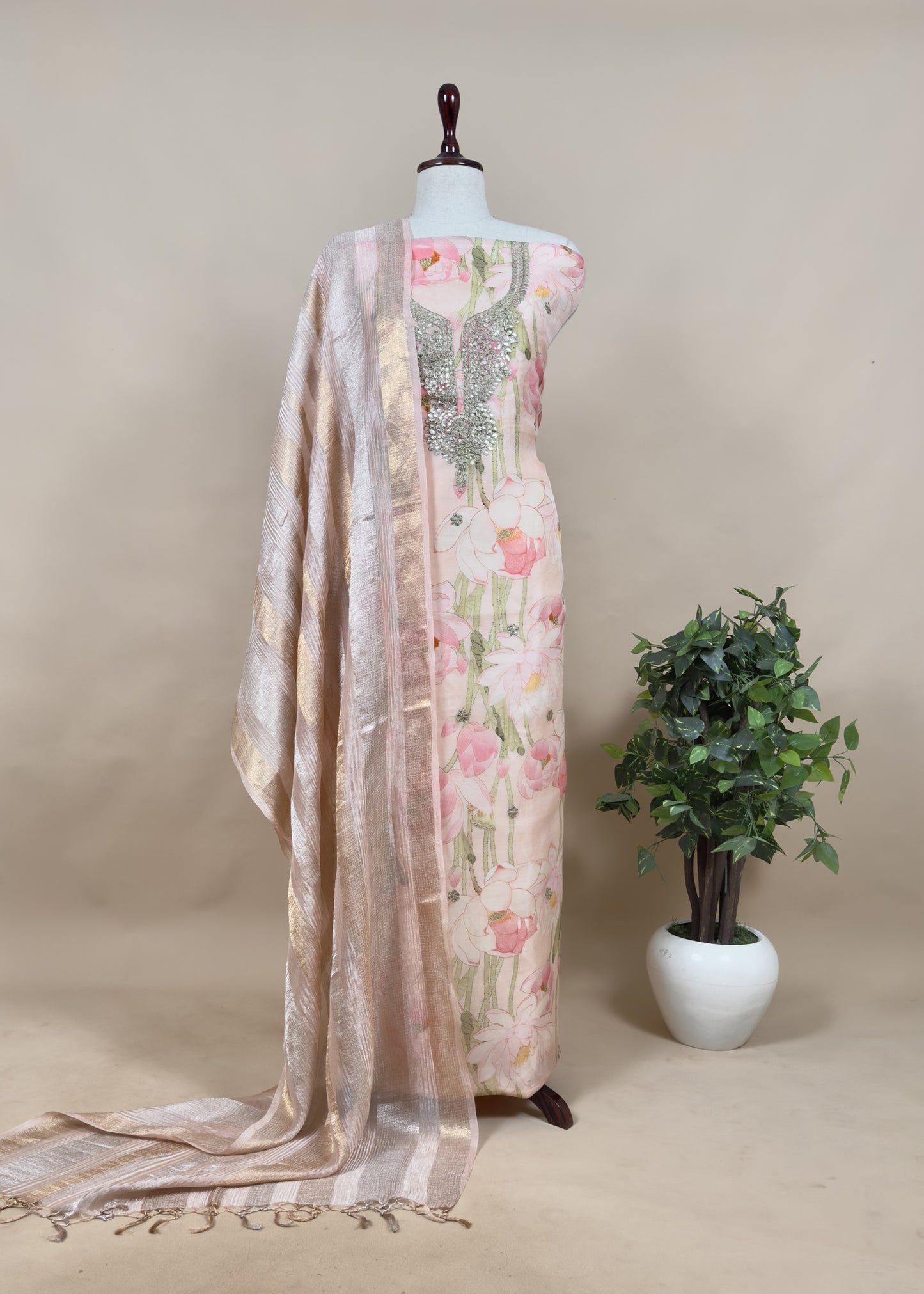 Blush Pink Luxe Handloom Organza Suit With Pichwai Print And Gotta-Patti handwork.