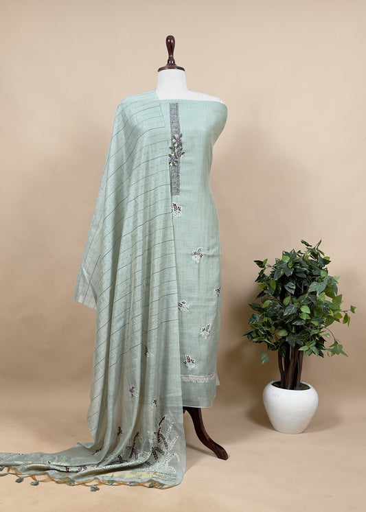 Green Jamdani Suit With Hand Kantha Embroidery And French Knots