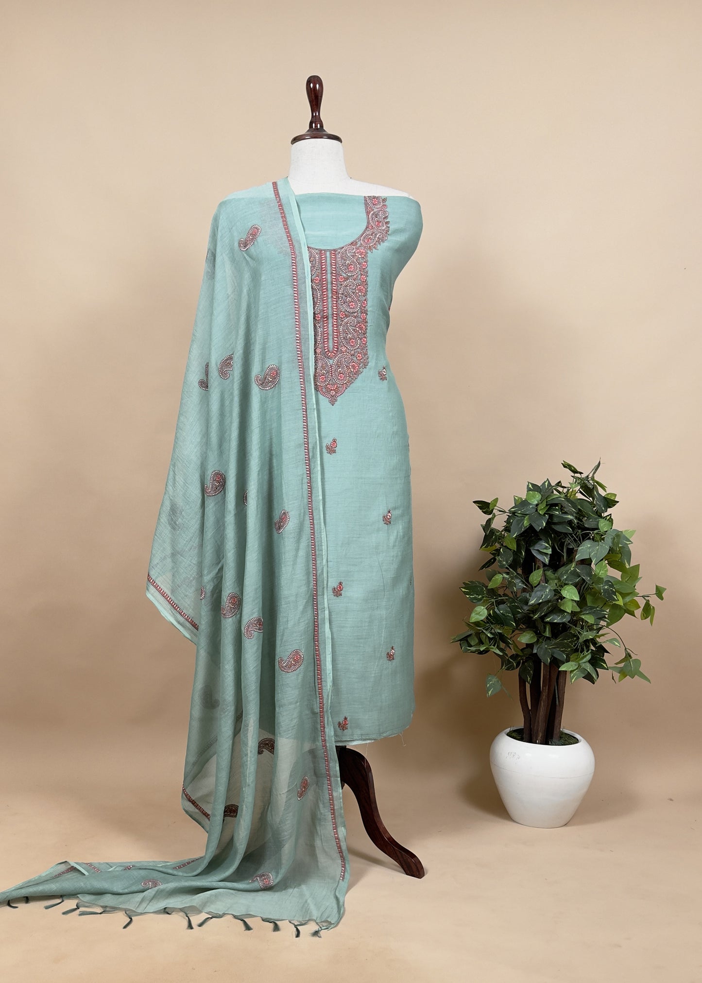 Mango Apple Green Summer Special Mul Chanderi Suit with Kashmiri Embroidery