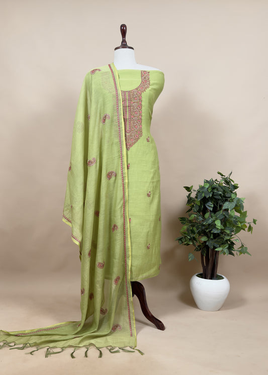 Mango Apple Green Summer Special Mul Chanderi Suit with Kashmiri Embroidery