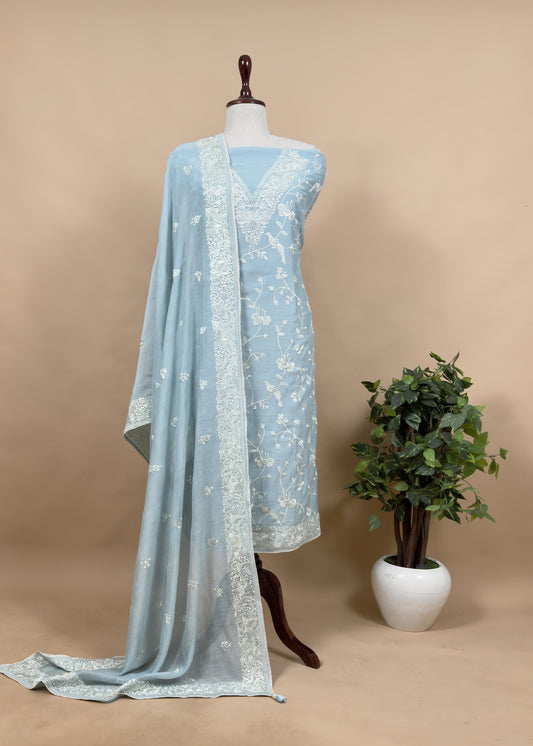 Light Blue Summer Spring Mul Chanderi Suit Set With Resham Embroidery