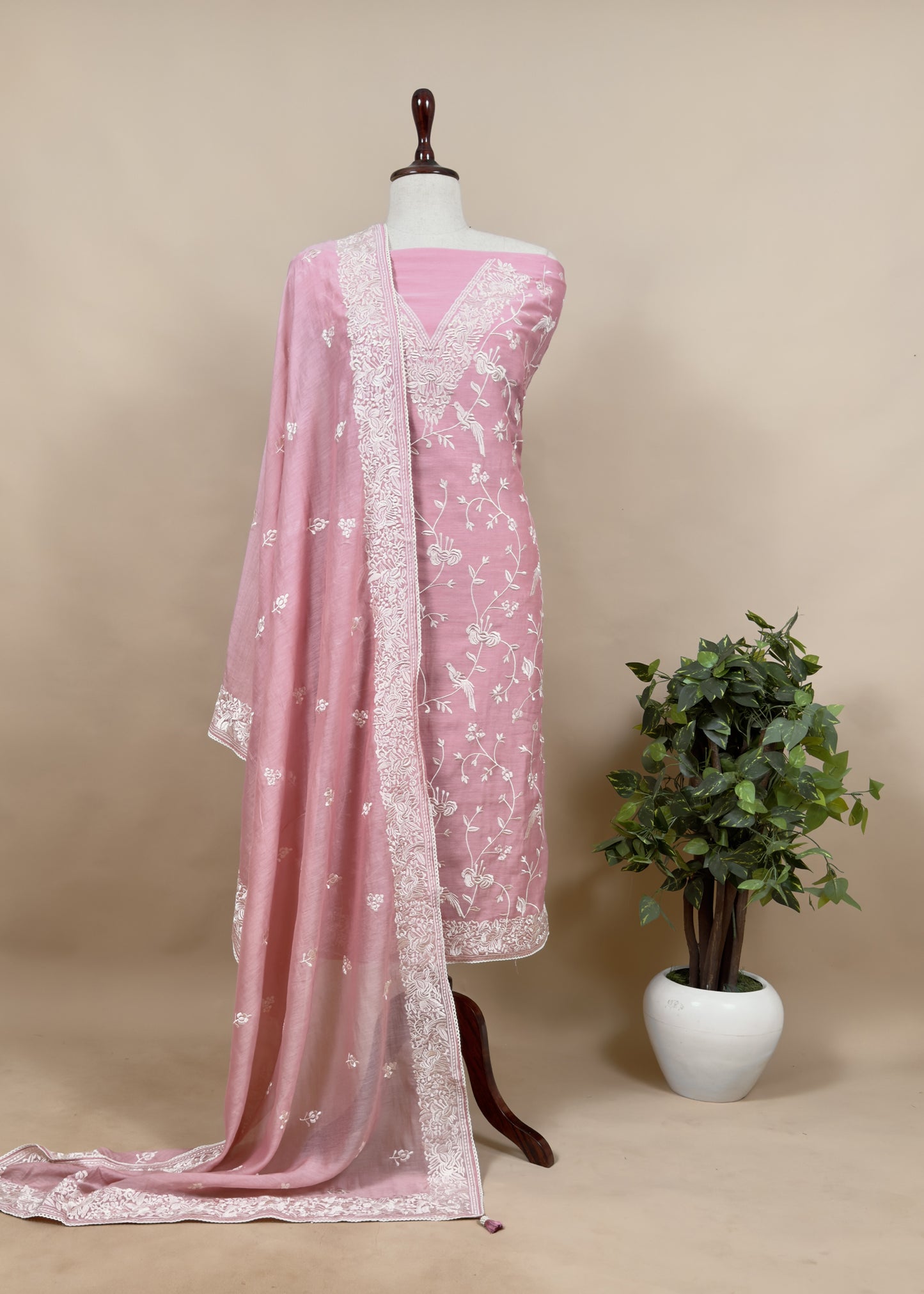 Flamingo Pink Summer Spring Mul Chanderi Suit Set With Peacocks And Floral Resham Embroidery