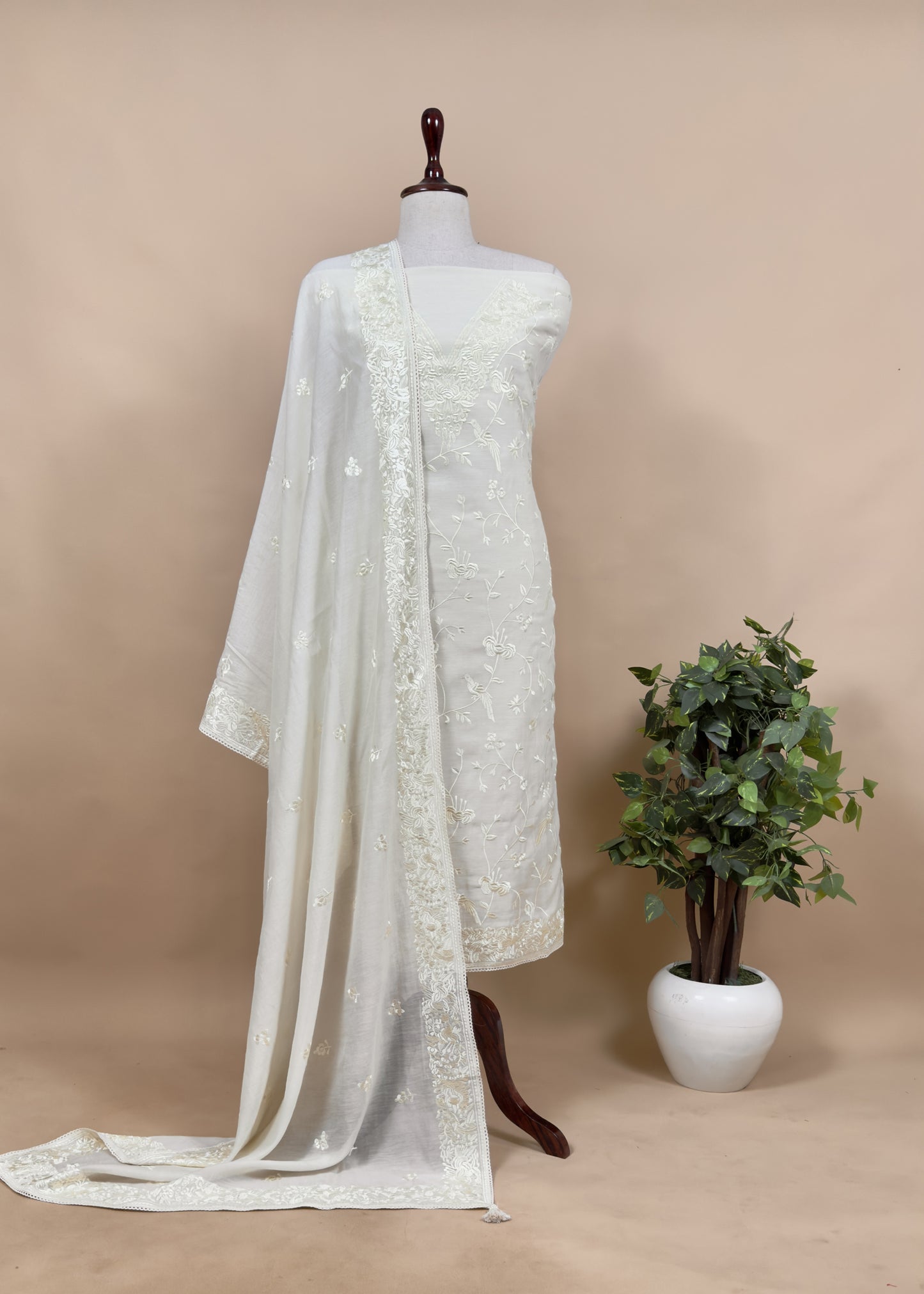 Flamingo Pink Summer Spring Mul Chanderi Suit Set With Peacocks And Floral Resham Embroidery