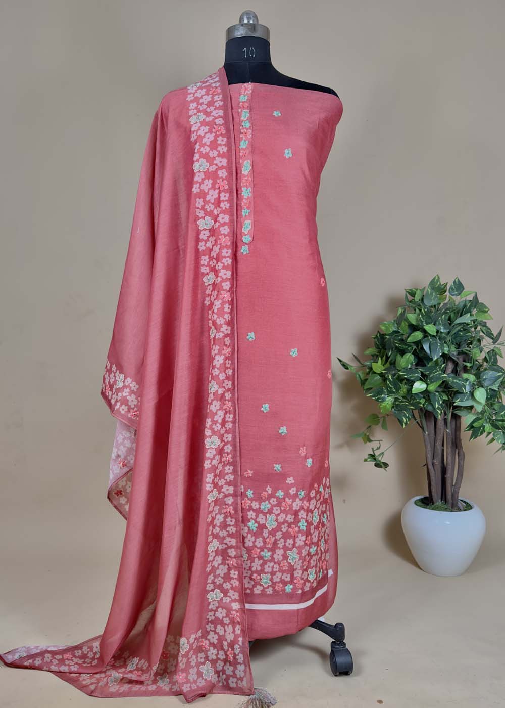 Orange Chanderi Cotton Suit With Kantha Stitch Work