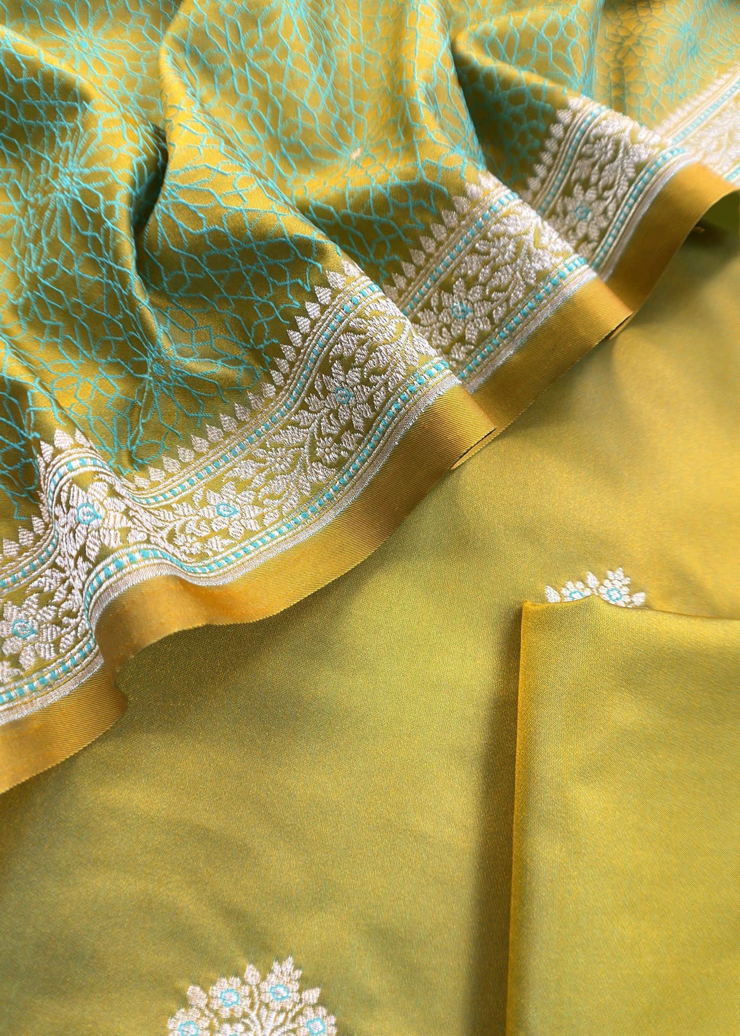 Light Green Dhup Chaav Pure Katan Silk Suit Fabric With Meenakari Zari Weaving