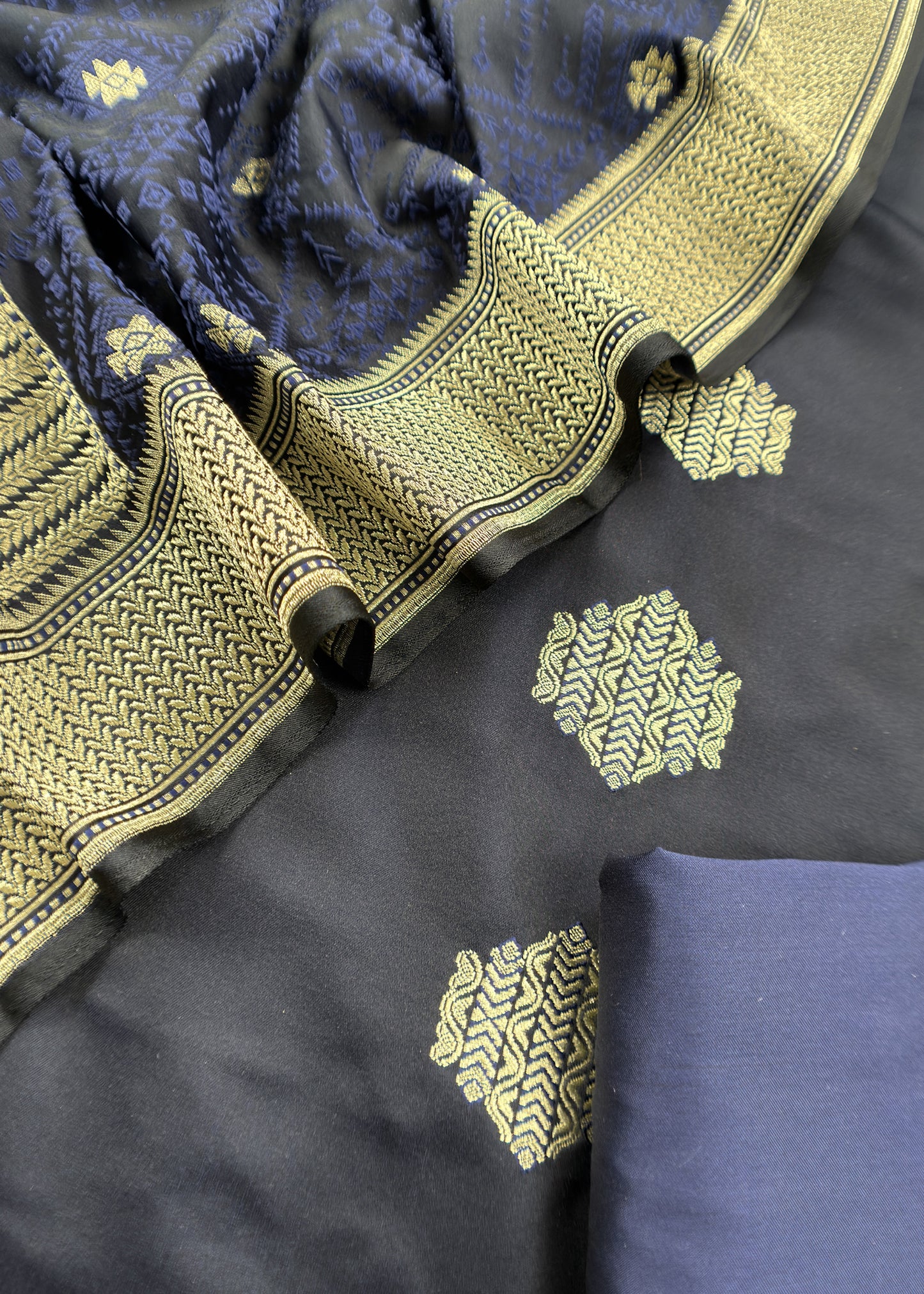 Midnight Blue Dhup chaav Pure Katan Silk Suit fabric with Meenakari zari weaving