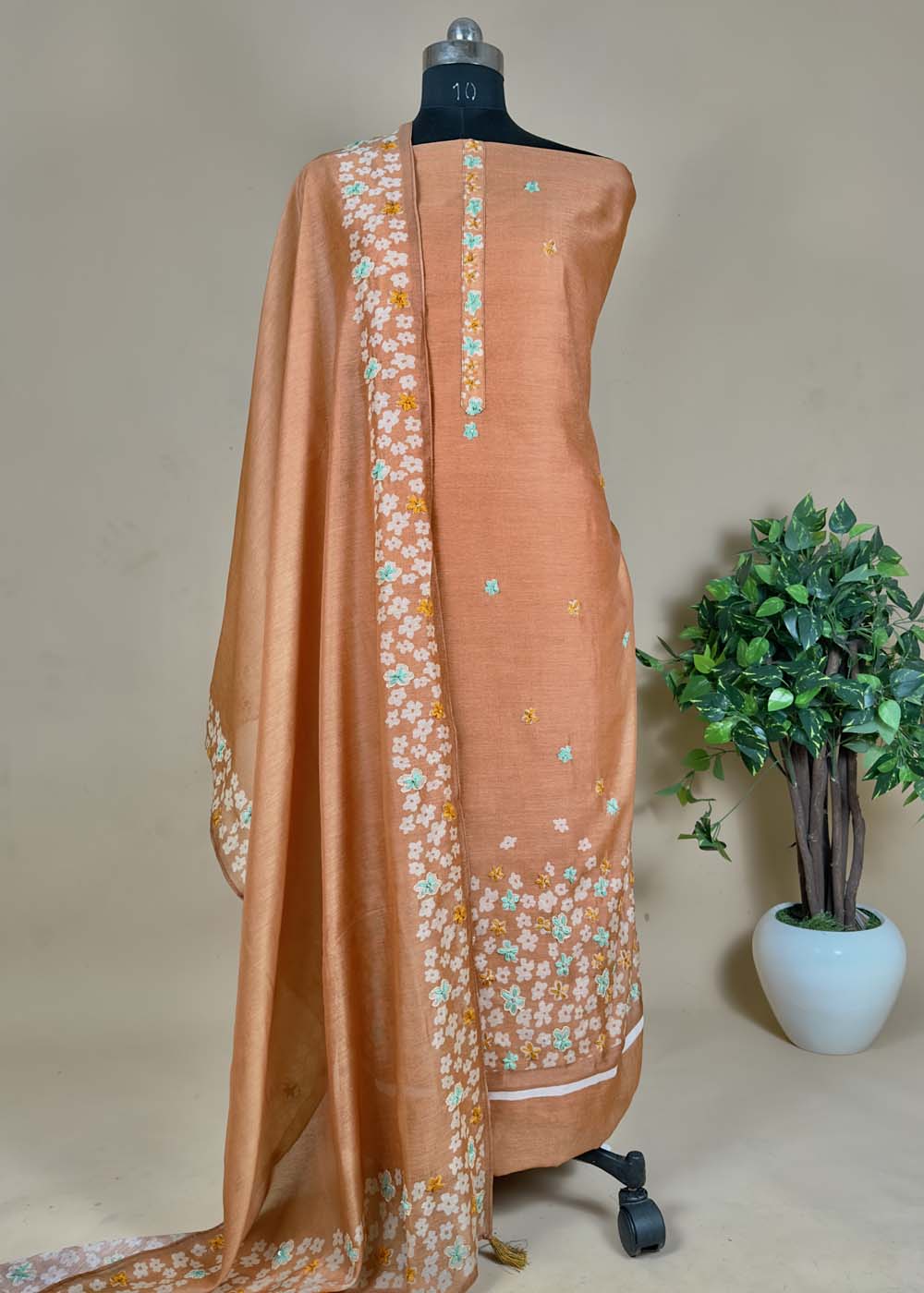Orange Chanderi Cotton Suit With Kantha Stitch Work