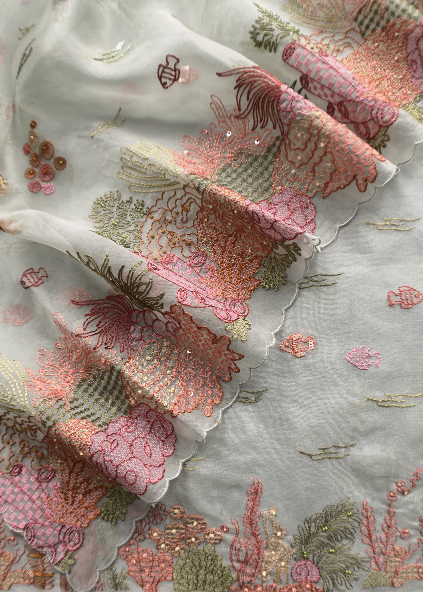 Light Aqua Green Pure Organza Suit Fabric With Lake View Embroidery