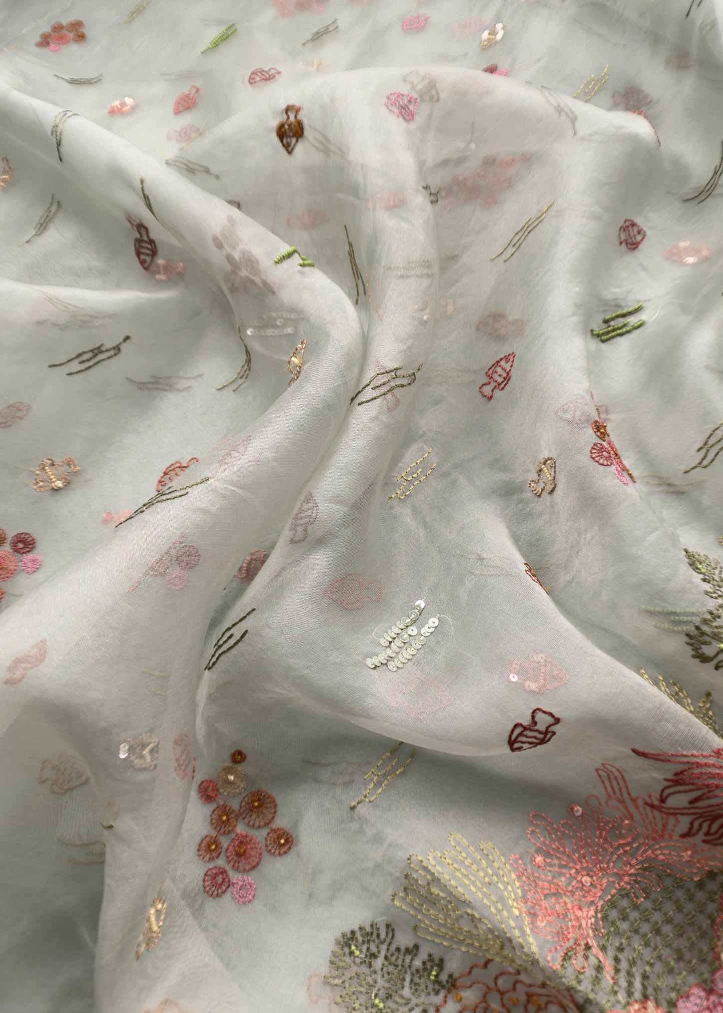 Light Aqua Green Pure Organza Suit Fabric With Lake View Embroidery