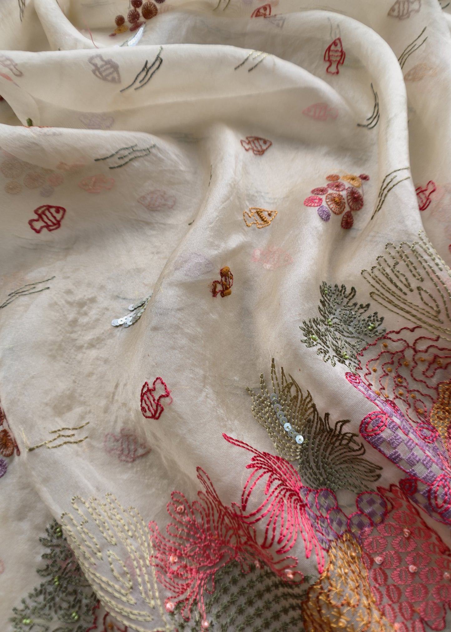 Daffodil Yellow Pure Organza Suit Fabric With Lake View Embroidery