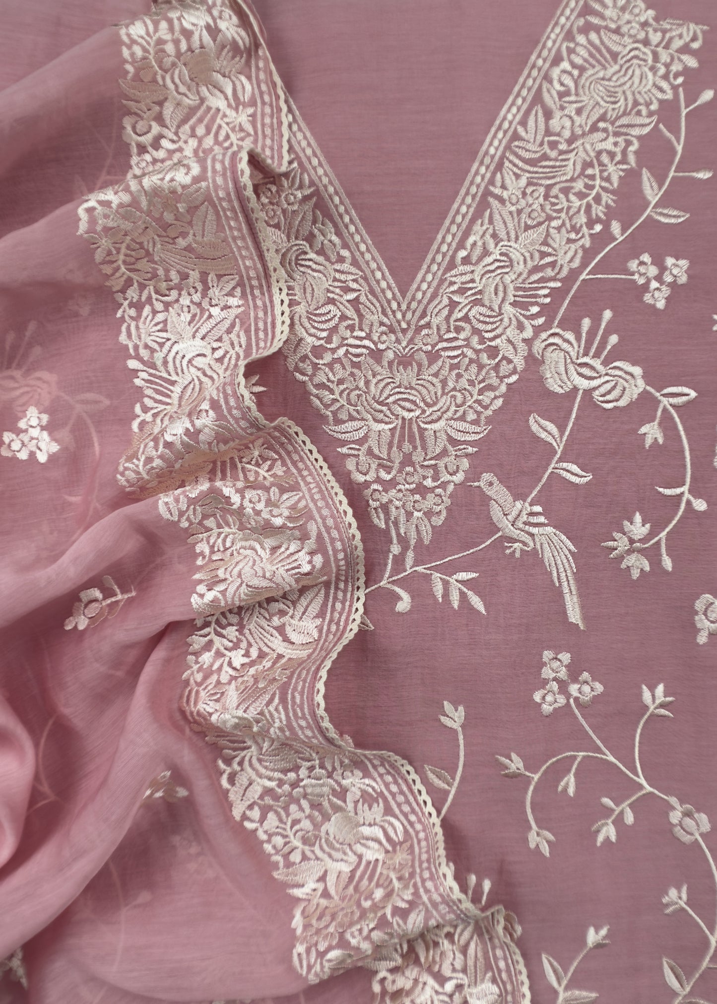 Flamingo Pink Summer Spring Mul Chanderi Suit Set With Peacocks And Floral Resham Embroidery