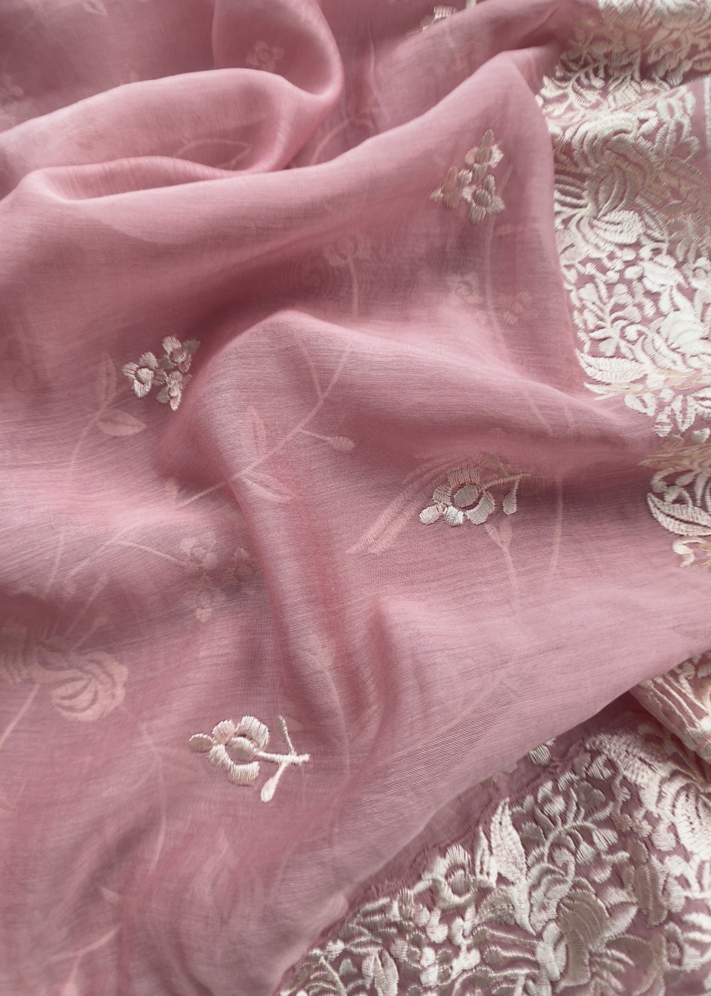 Flamingo Pink Summer Spring Mul Chanderi Suit Set With Peacocks And Floral Resham Embroidery