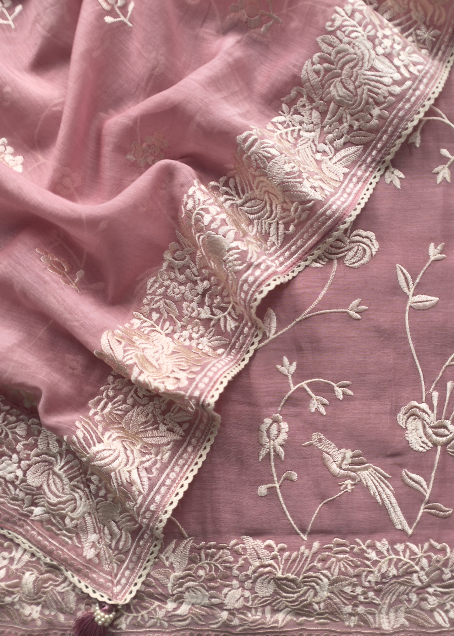 Flamingo Pink Summer Spring Mul Chanderi Suit Set With Peacocks And Floral Resham Embroidery
