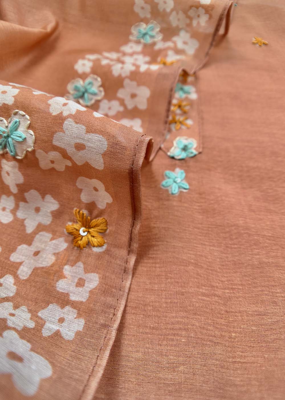 Orange Chanderi Cotton Suit With Kantha Stitch Work