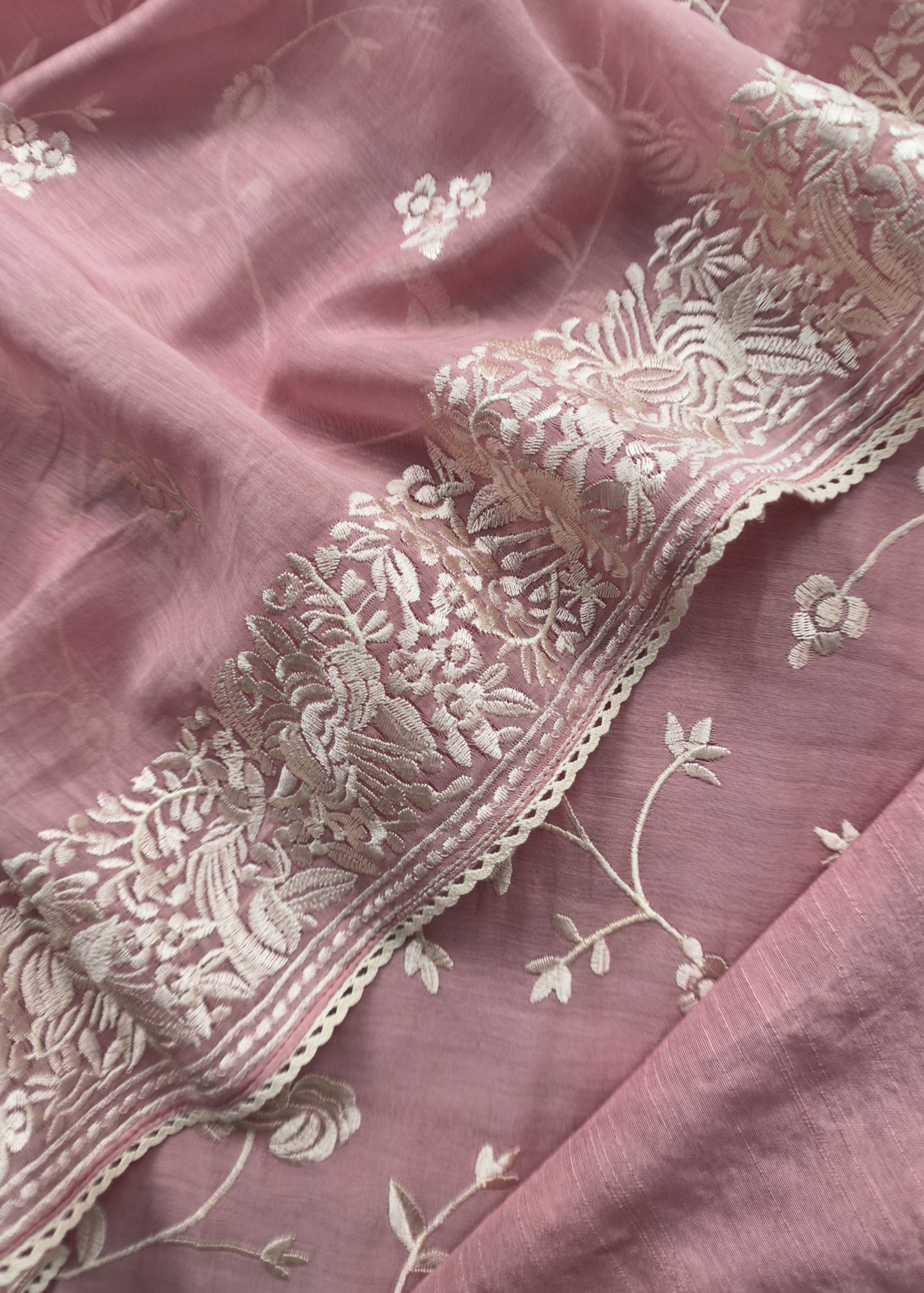 Flamingo Pink Summer Spring Mul Chanderi Suit Set With Peacocks And Floral Resham Embroidery