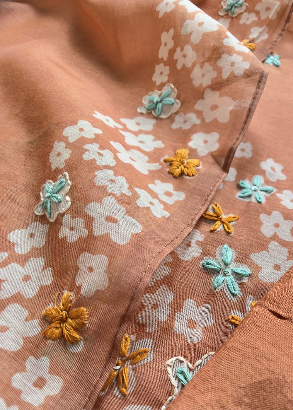 Orange Chanderi Cotton Suit With Kantha Stitch Work