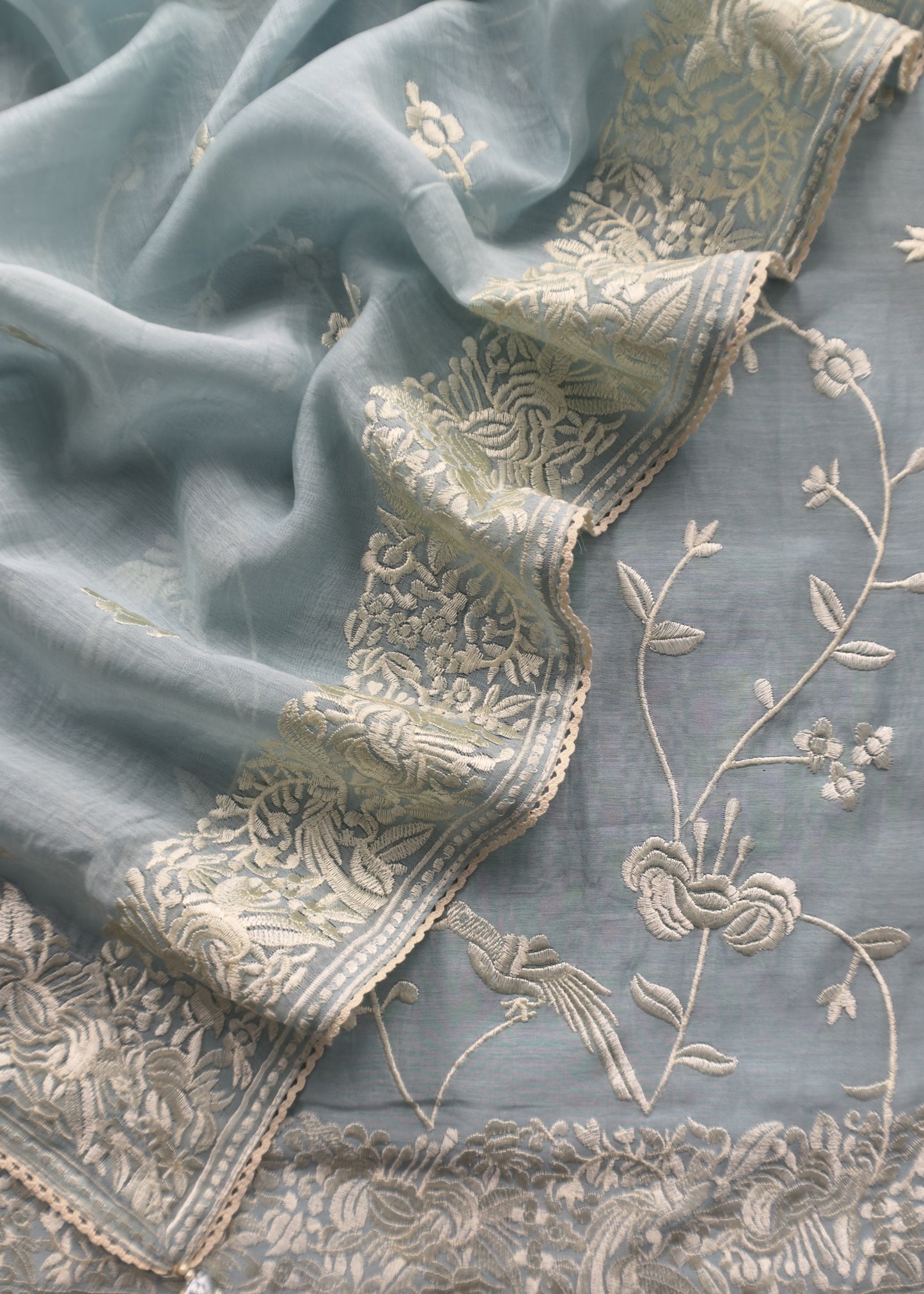 Light Blue Summer Spring Mul Chanderi Suit Set With Resham Embroidery