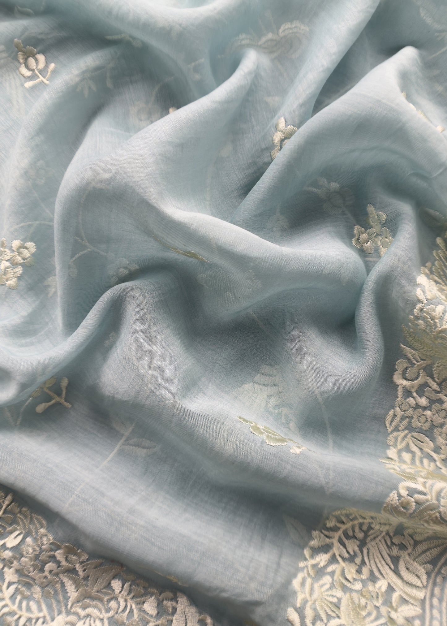 Light Blue Summer Spring Mul Chanderi Suit Set With Resham Embroidery