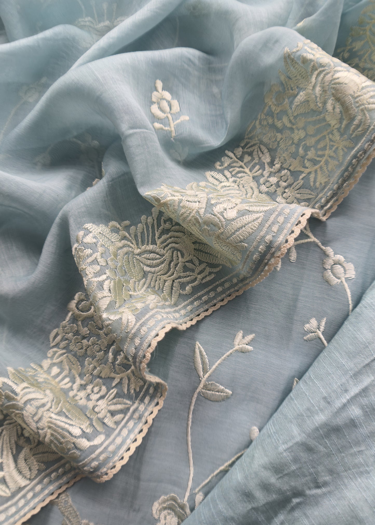 Light Blue Summer Spring Mul Chanderi Suit Set With Resham Embroidery