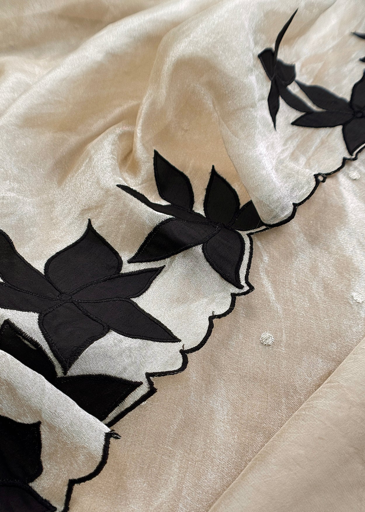 Beige With Black Pure Tissue Silk Suit With Beautiful Floral Applique Work