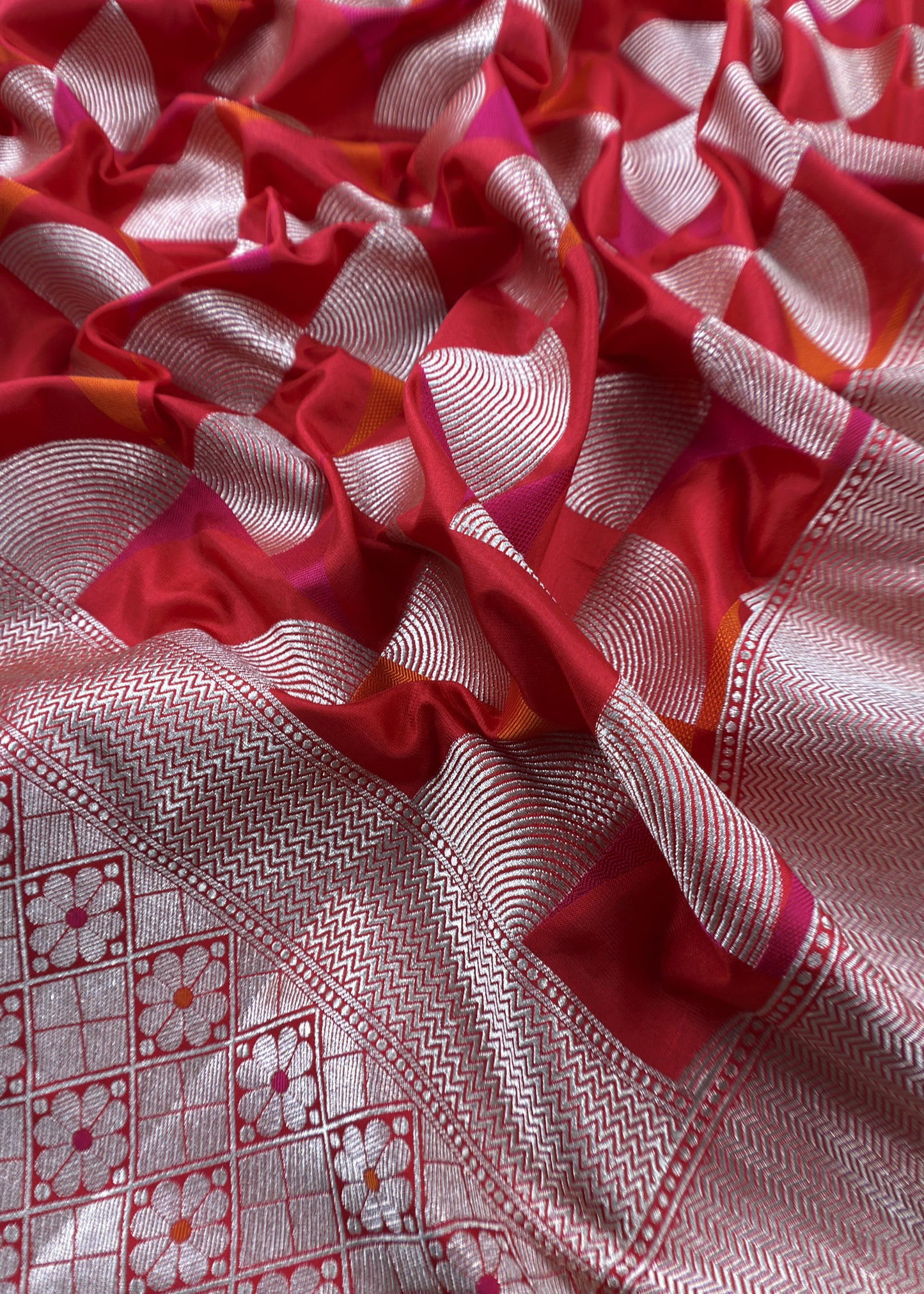 Luxe Pink and Orange Kanjivaram handloom silk Suit set with gold Meenakari weaving