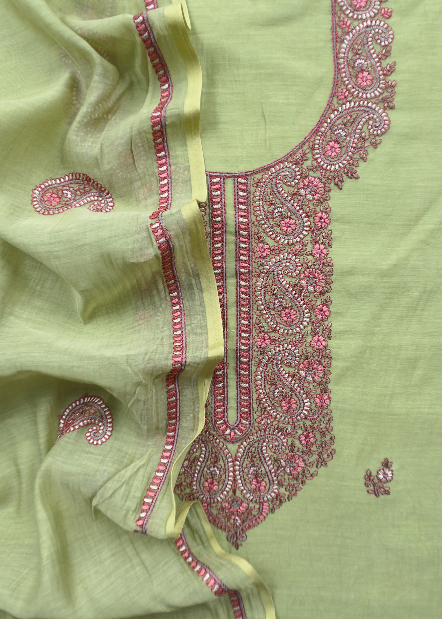 Mango Apple Green Summer Special Mul Chanderi Suit with Kashmiri Embroidery