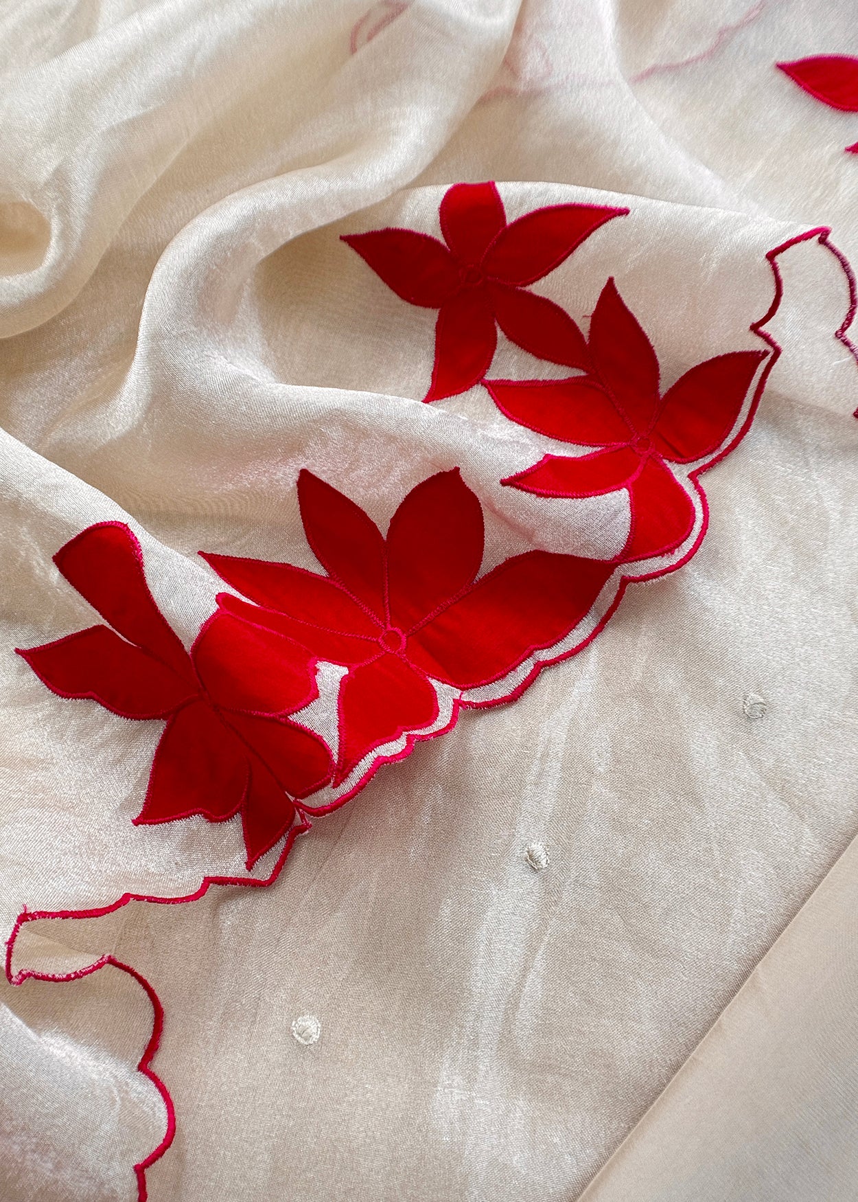 Beige and Red Pure Tissue Silk Suit With Beautiful Floral Applique Work