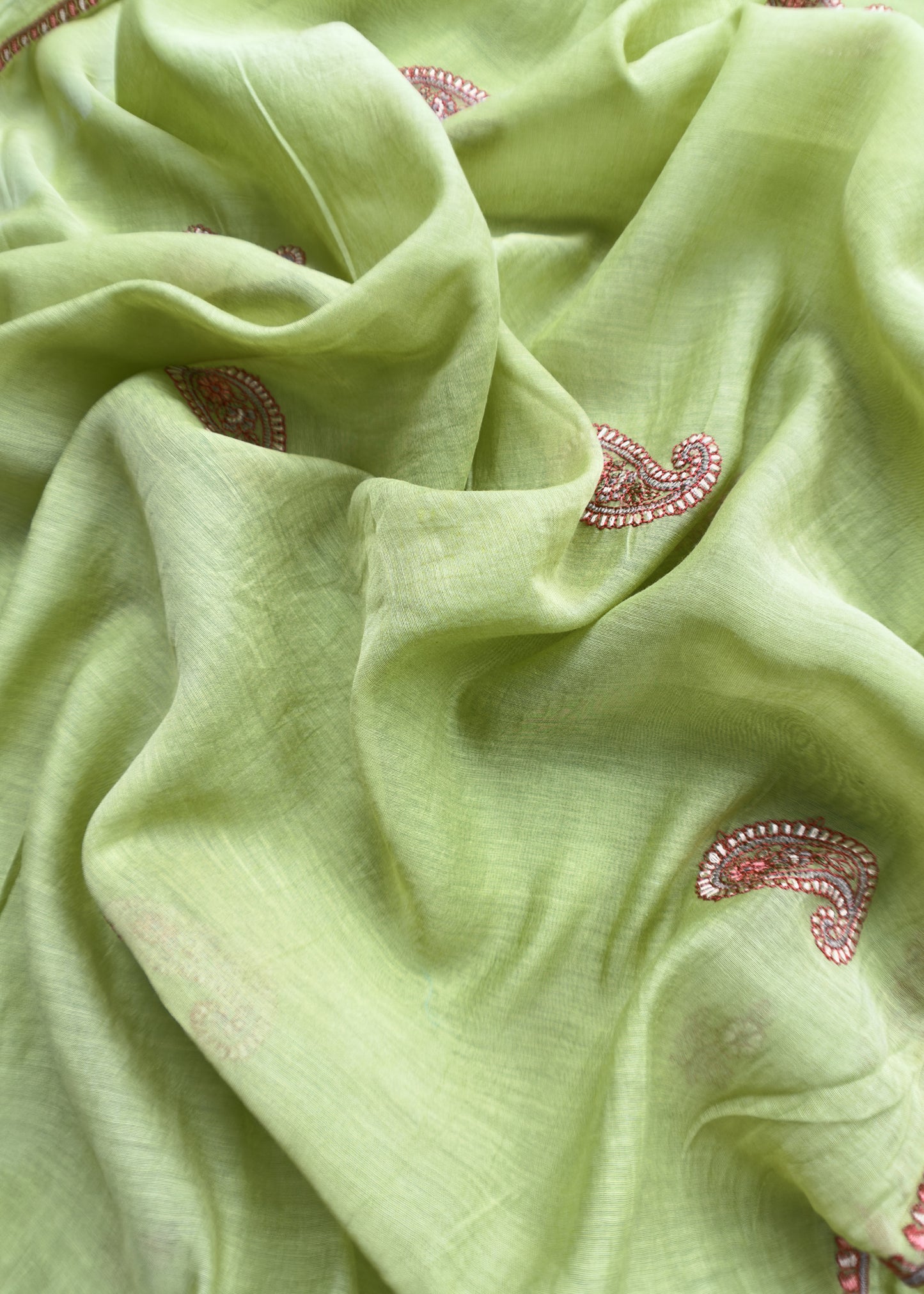 Mango Apple Green Summer Special Mul Chanderi Suit with Kashmiri Embroidery