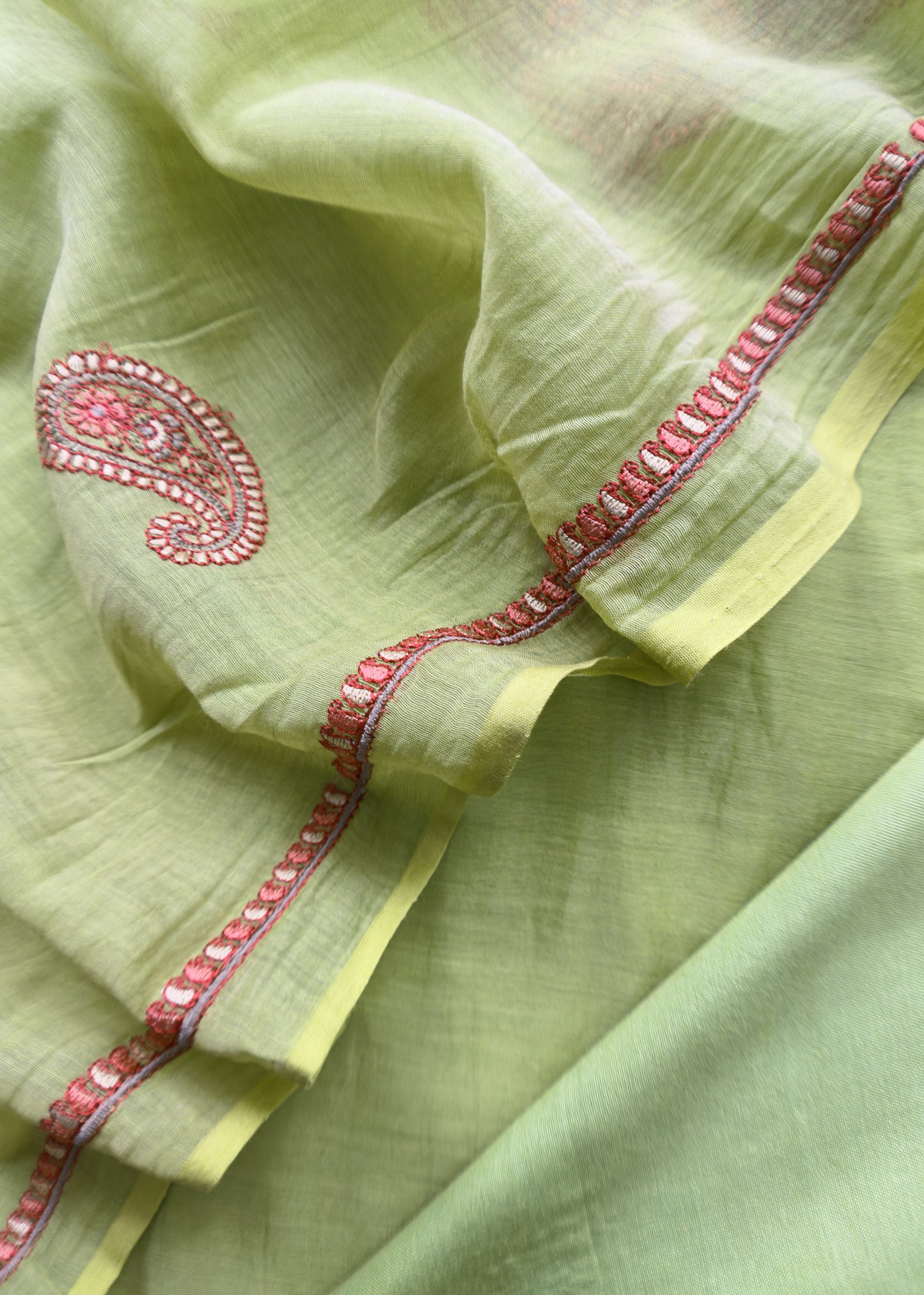 Mango Apple Green Summer Special Mul Chanderi Suit with Kashmiri Embroidery