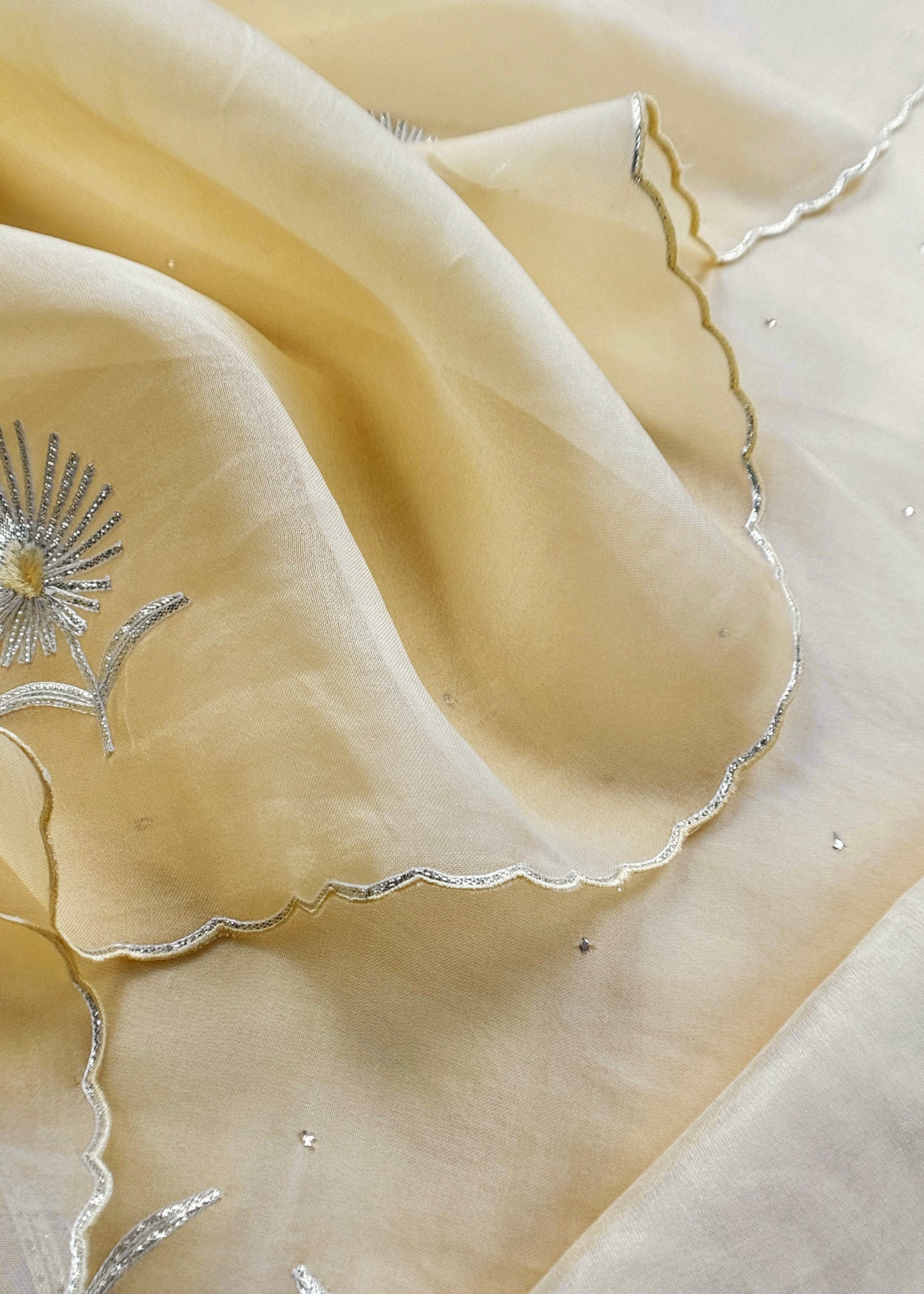 Butter Yellow Handloom Kora Silk Unstitched Suit Fabric With Gota Handwork
