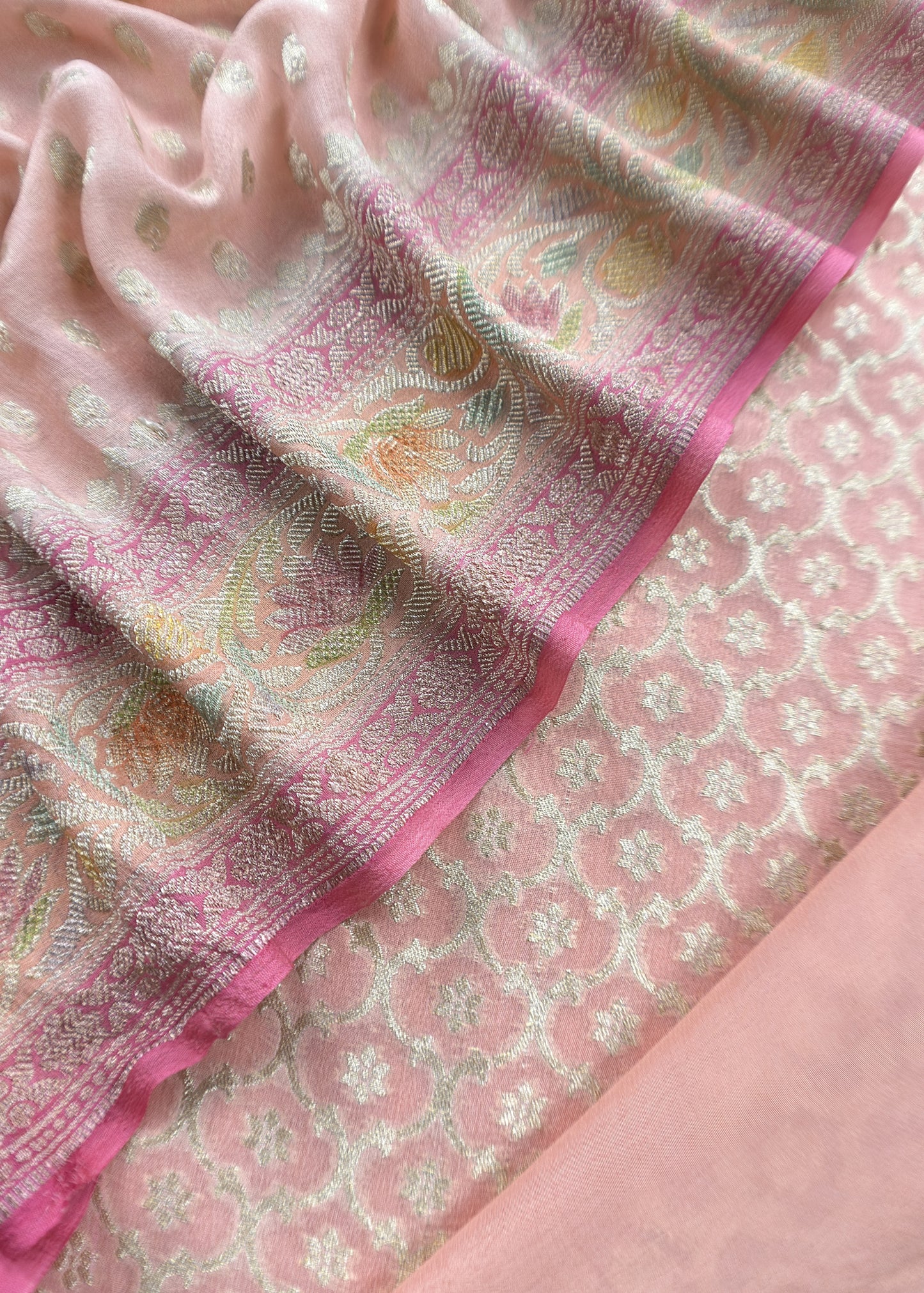 Luxe Baby Pink Khaddi Georgette Suit Fabric With Mughal Meenakari Weaving