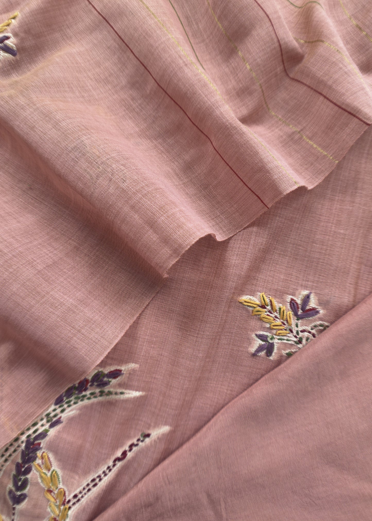 Blush Pink Jamdani Suit With Hand Kantha Embroidery And French Knots