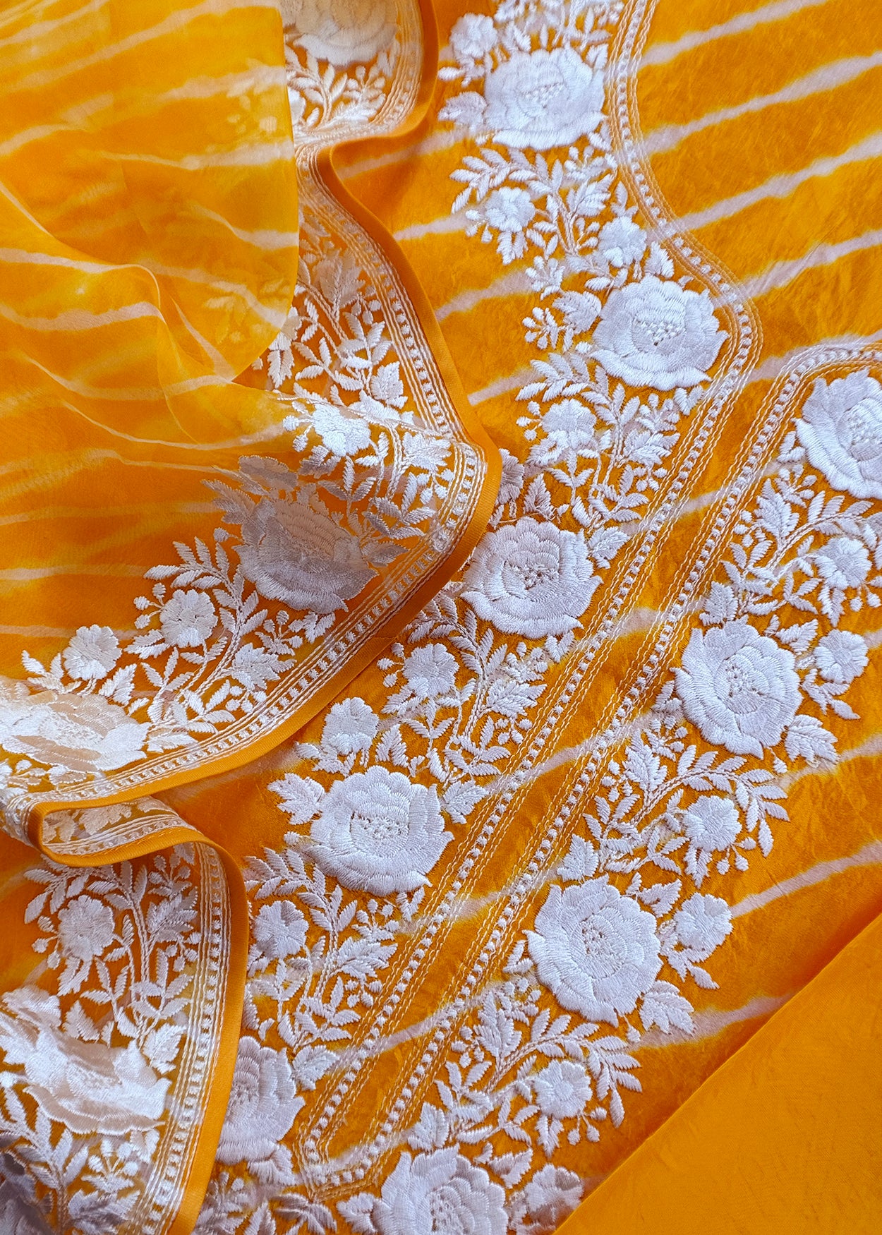 Yellow Lehariya Handloom Silk Suit With Kora Silk Dupatta In Parsi Embroidery