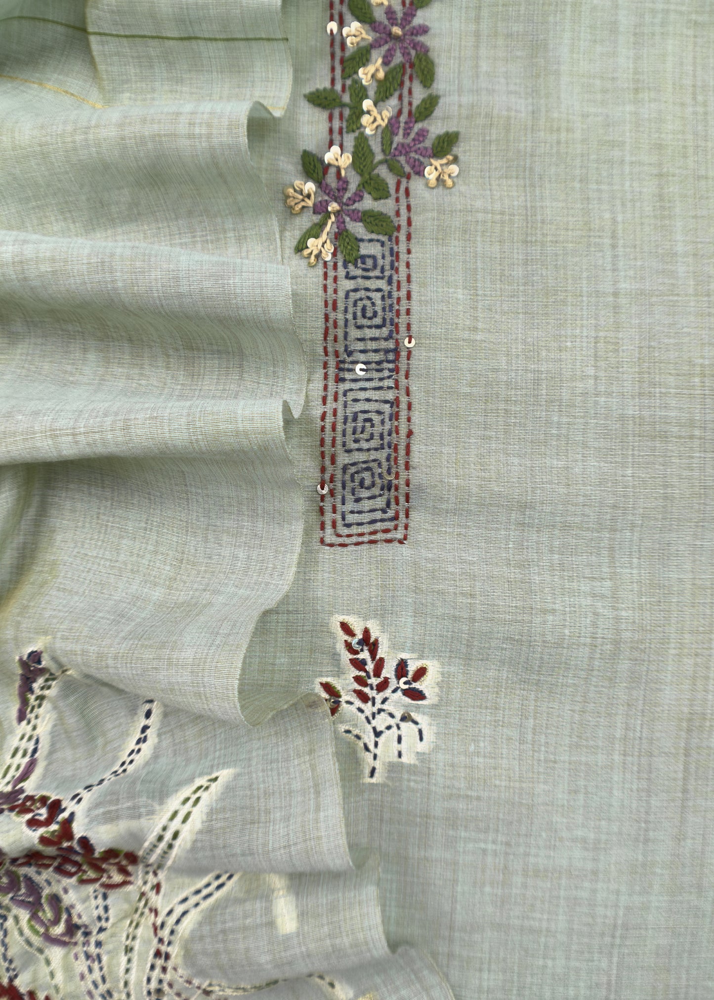 Green Jamdani Suit With Hand Kantha Embroidery And French Knots