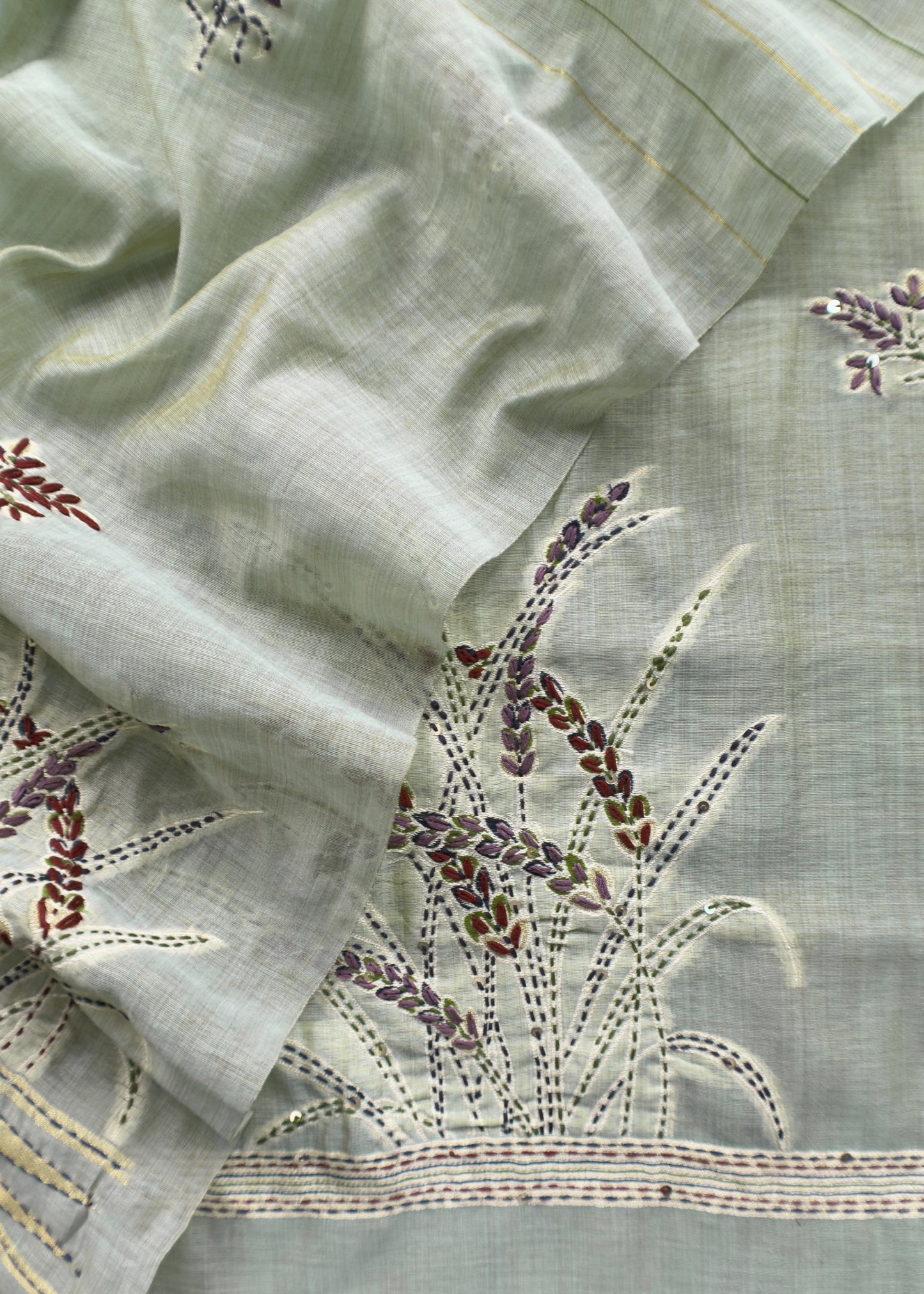 Green Jamdani Suit With Hand Kantha Embroidery And French Knots