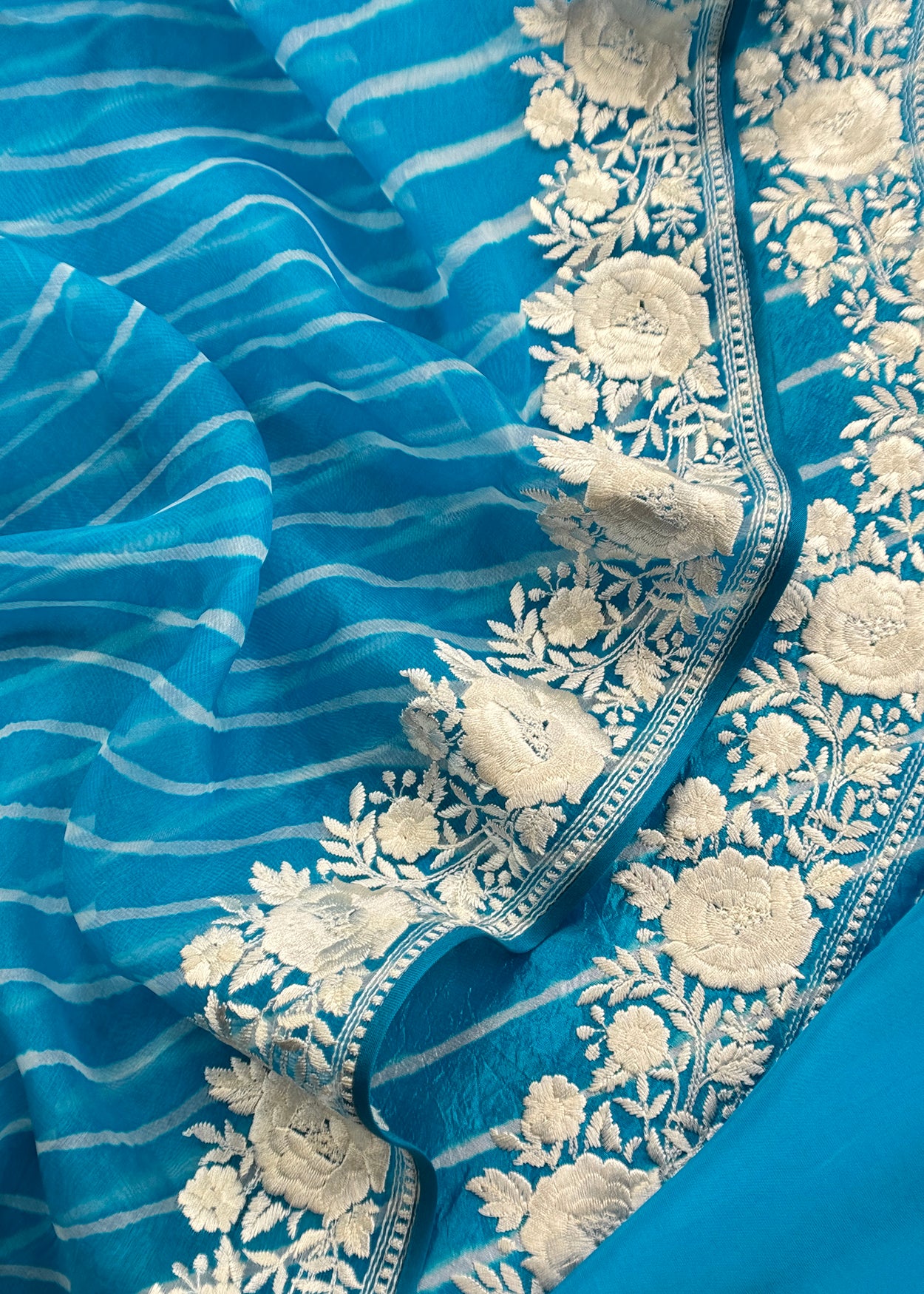 Blue Lehariya Handloom Silk Suit With Kora Silk Dupatta In Parsi Embroidery